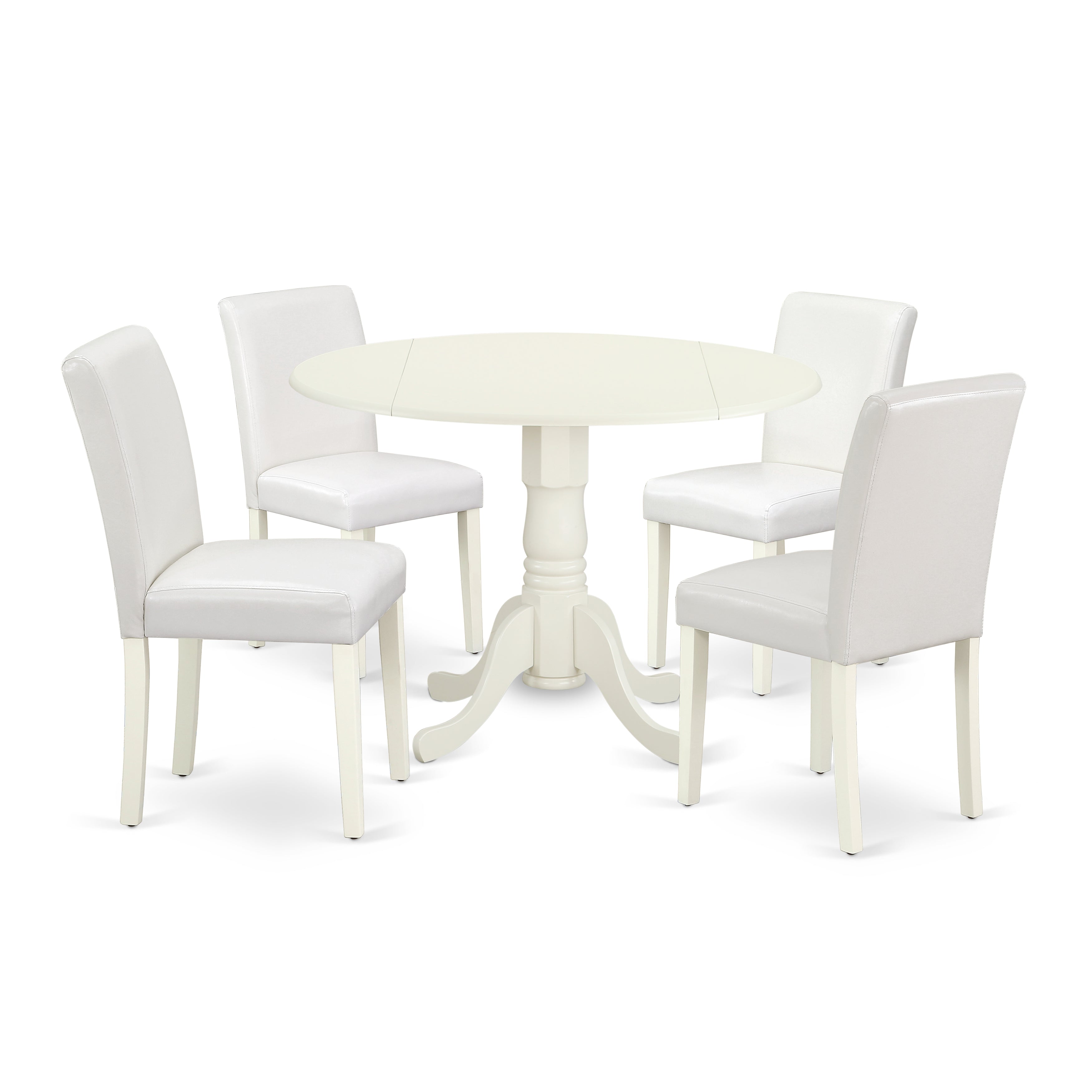 DLAB5-LWH-64 5Pc Round 42" Kitchen Table With Two 9-Inch Drop Leaves And Four Parson Chair With Linen White Leg And Pu Leather Color White