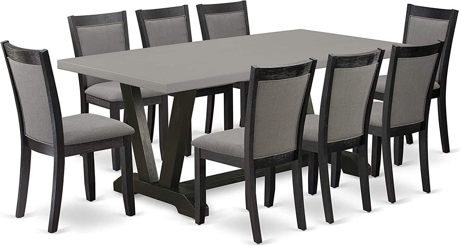 9 PC Dining Table with V-Legs and 8 Dark Gotham Grey Linen Fabric Parson Dining Chairs Set