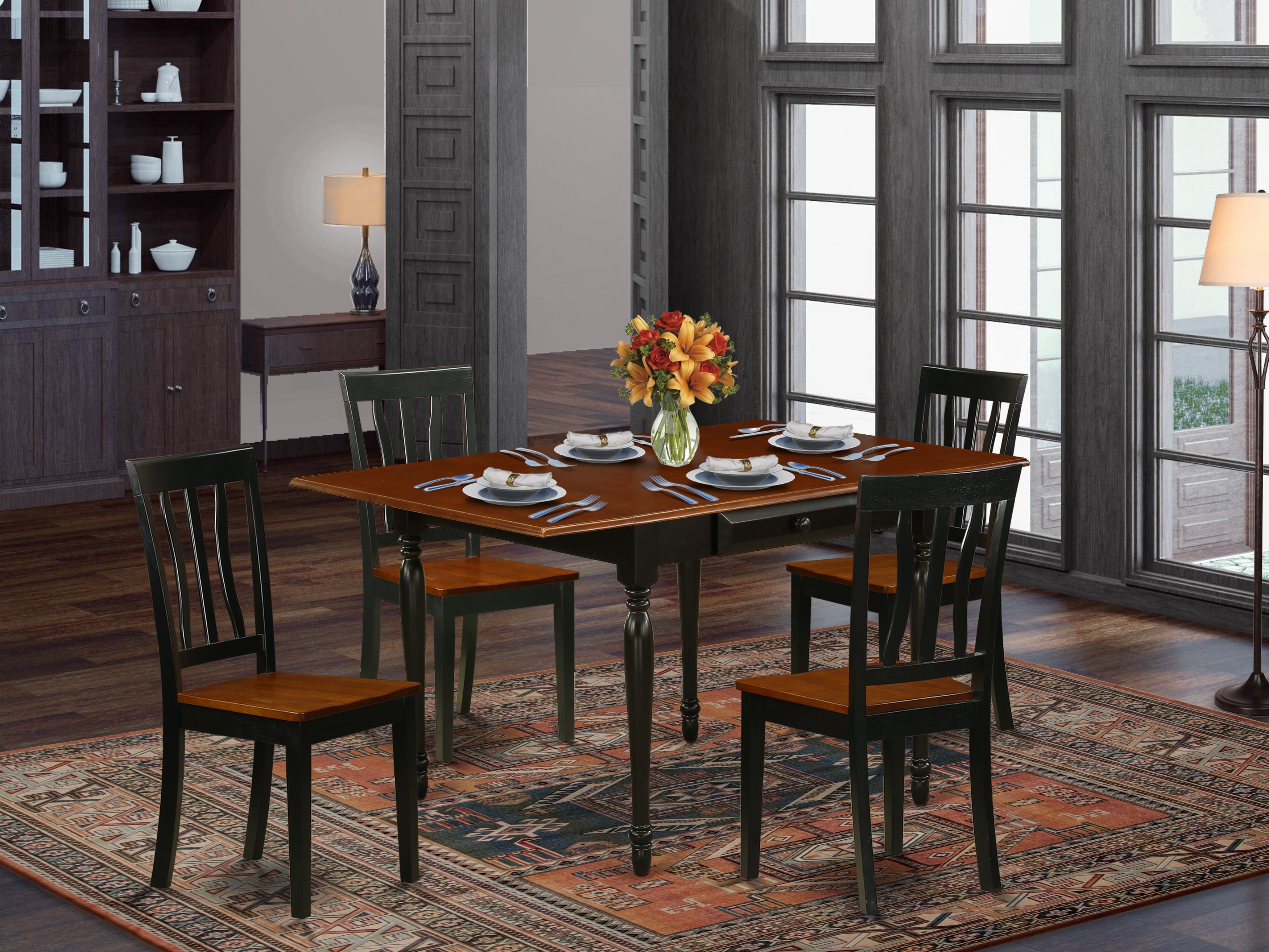 East West Furniture MZAN5-BCH-W 5Pc Kitchen Table Set Includes a Kitchen Table and 4 Kitchen Chairs with Solid Wood Seat, Drop Leaf Table with Slat Back Chairs, Black and Cherry Finish