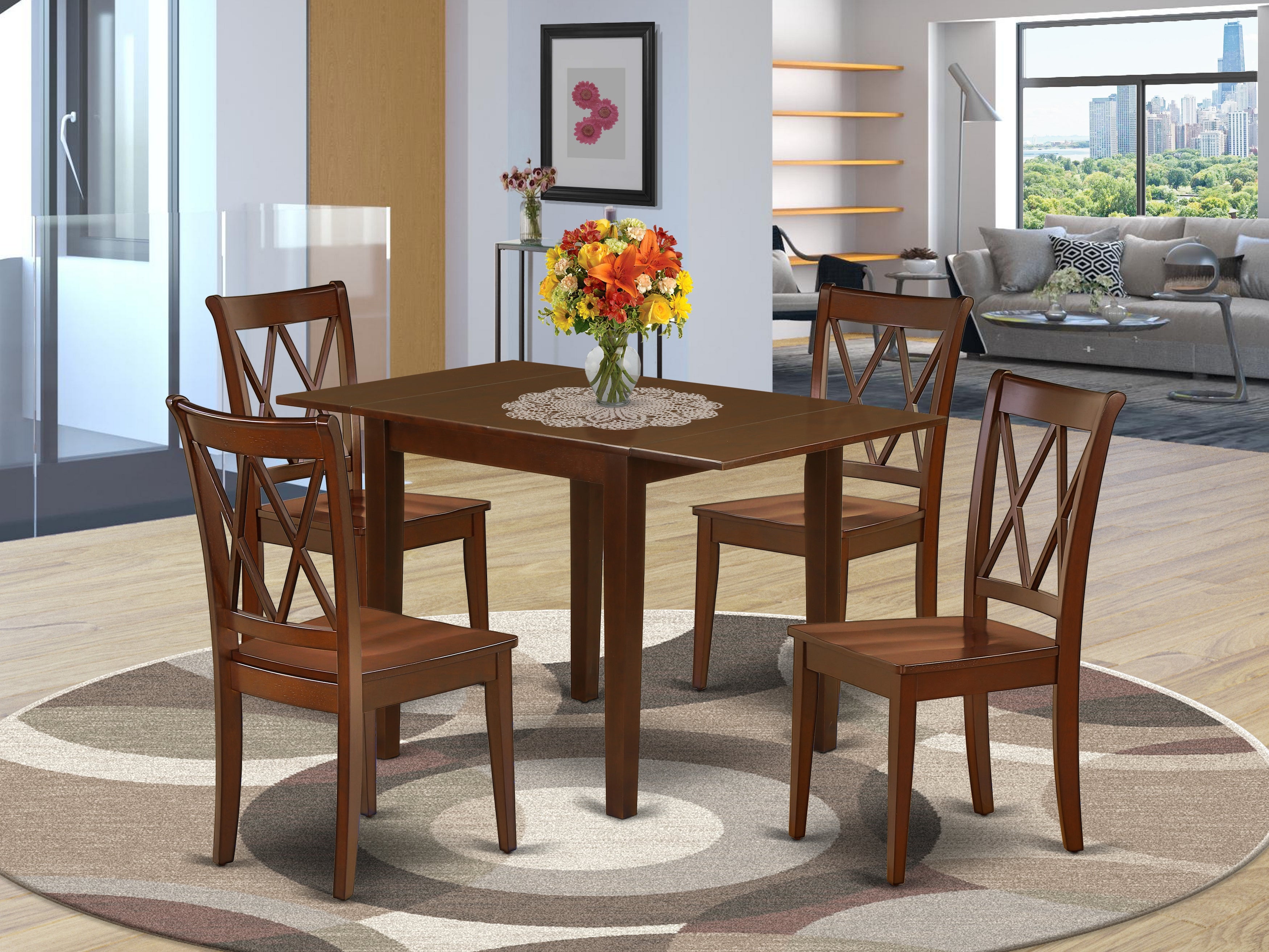 East West Furniture NDCL5-MAH-W Dining Room Table Set 5 Pcs- 4 Awesome Dining Room Chairs and a Fantastic modern Dining Table - Mahogany Finish Hardwood Chair Seat and Table Top - Mahogany Finish Solid wood Structure.