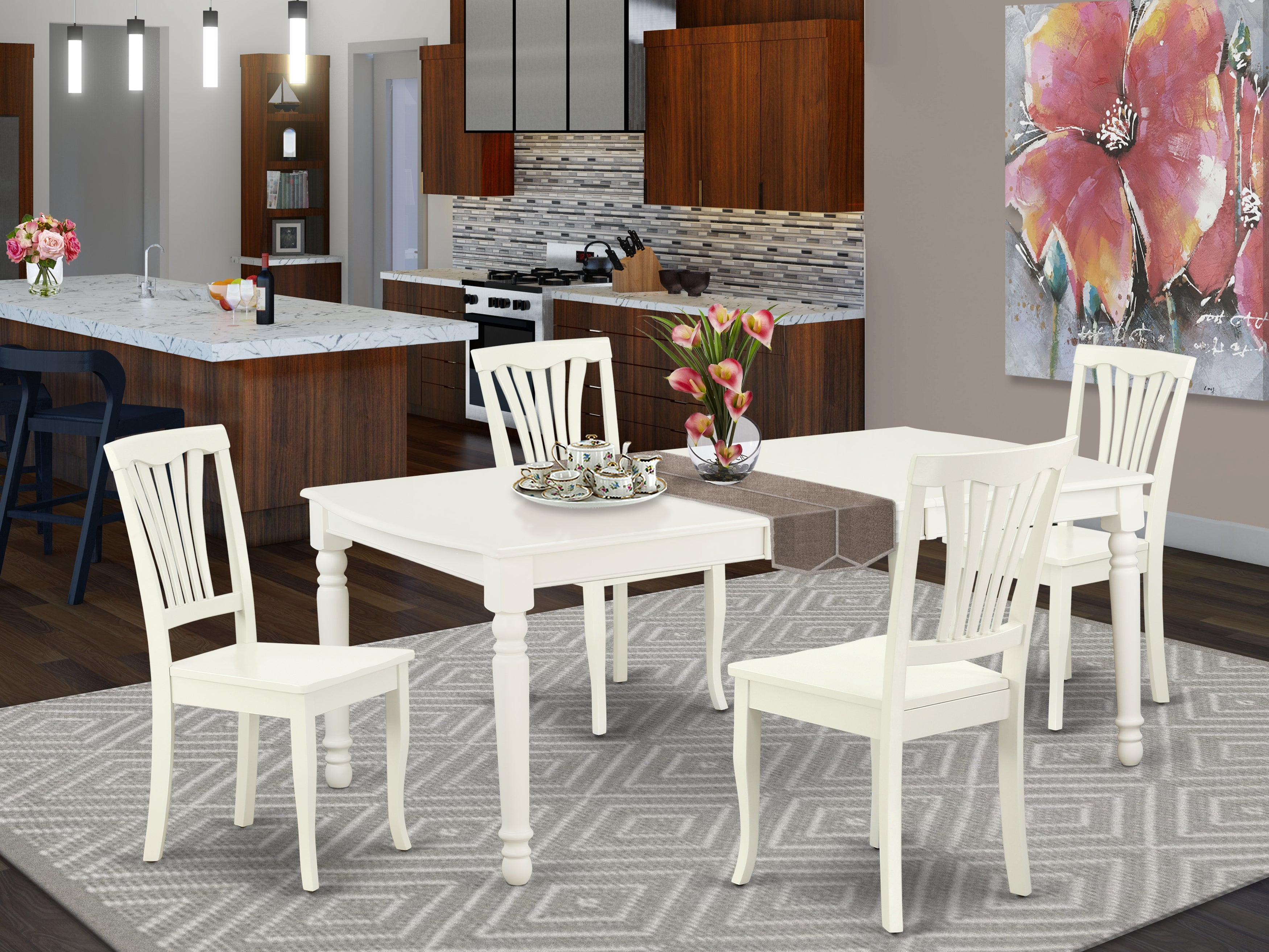 DOAV5-LWH-W 5PC Rectangular 60/78 inch Table with 18 In Leaf and 4 vertical slatted Chairs