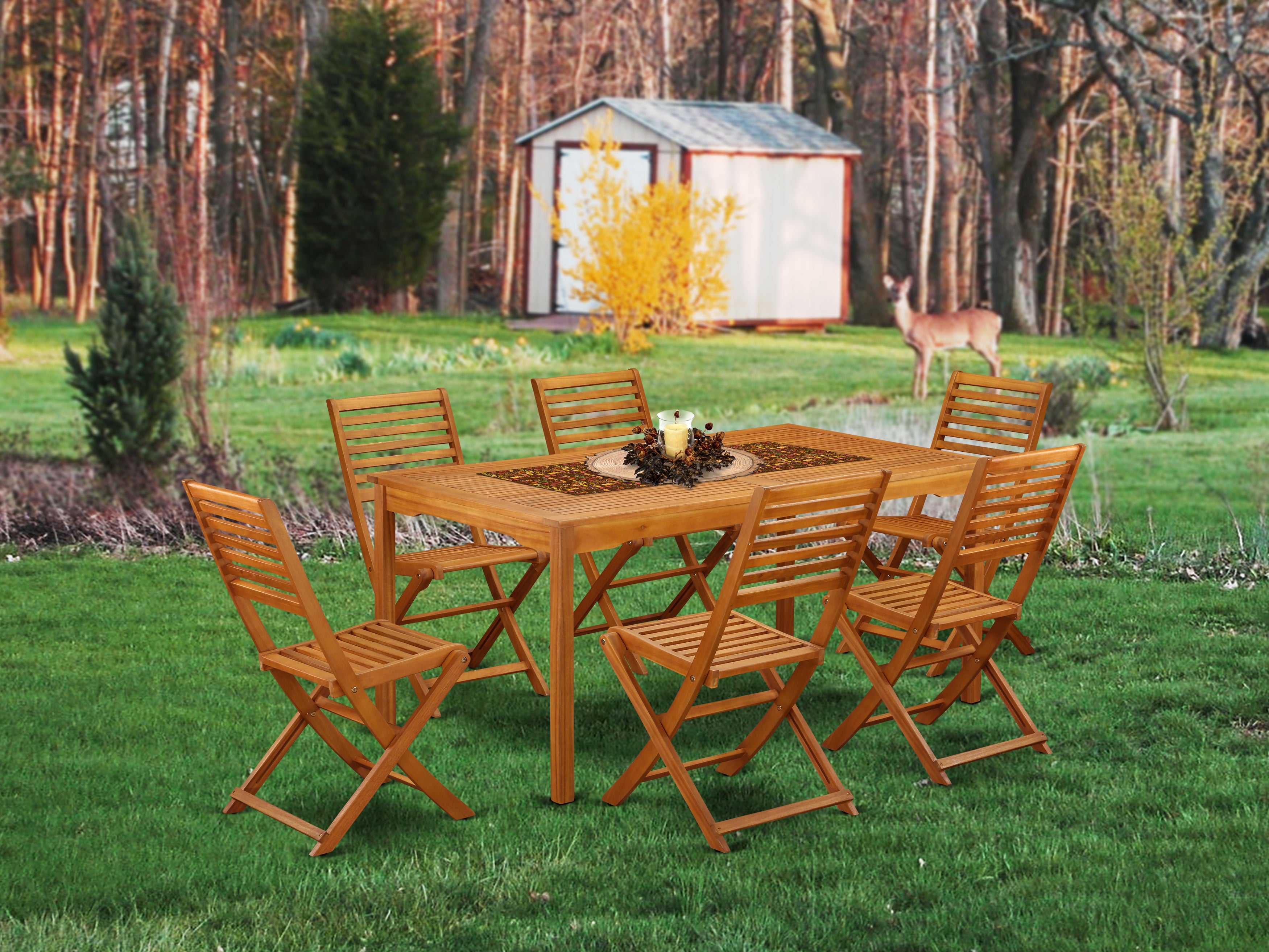 CMBS7CWNA This 7 Pc Acacia Wooden Outdoor-Furniture Dining Sets includes one Outdoor-Furniture table and Six foldable Outdoor-Furniture chairs