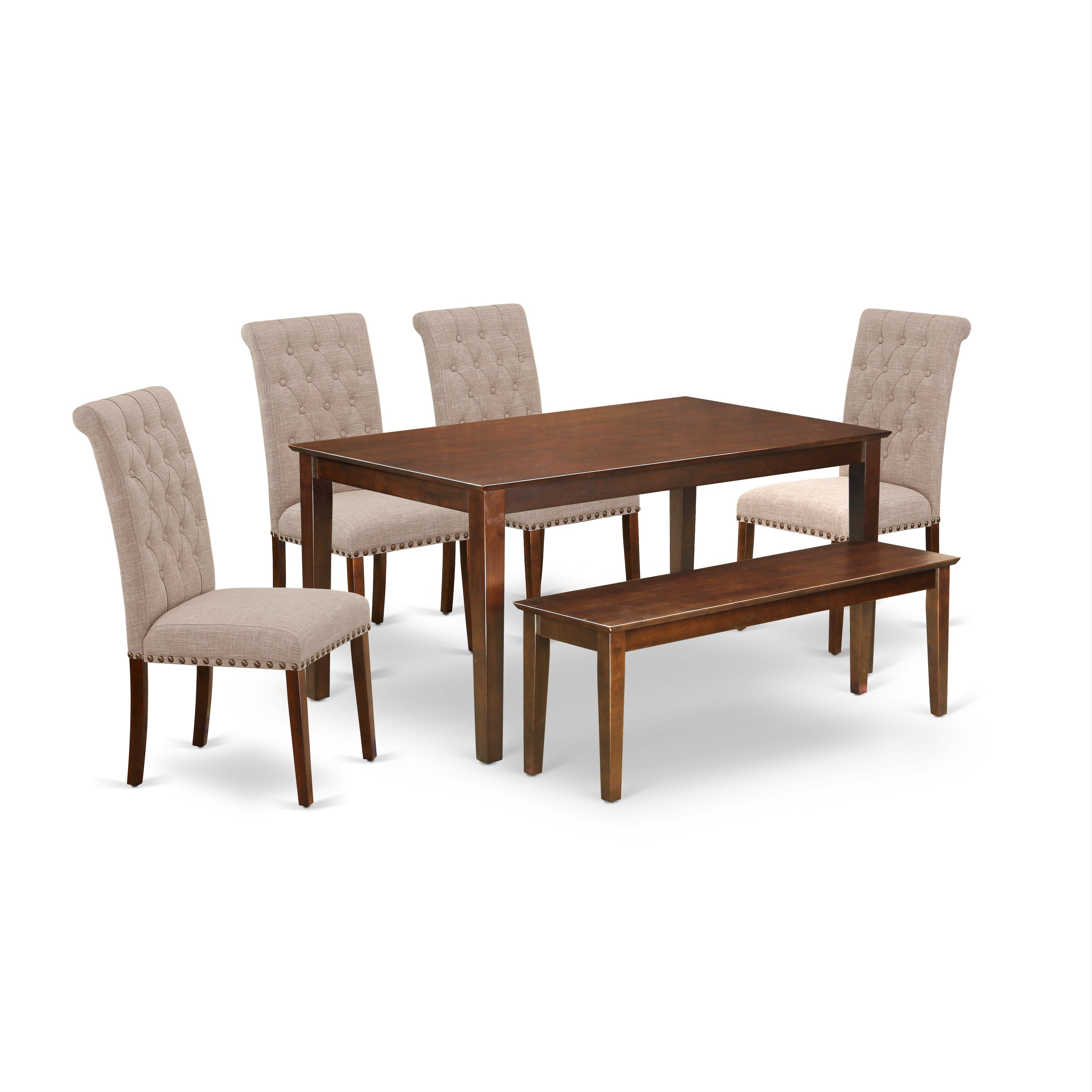 CABR6-MAH-04 6Pc Dining Set Includes a Rectangle Dinette Table and Four Parson Chairs with Light Fawn Fabric and a Bench, Mahogany Finish