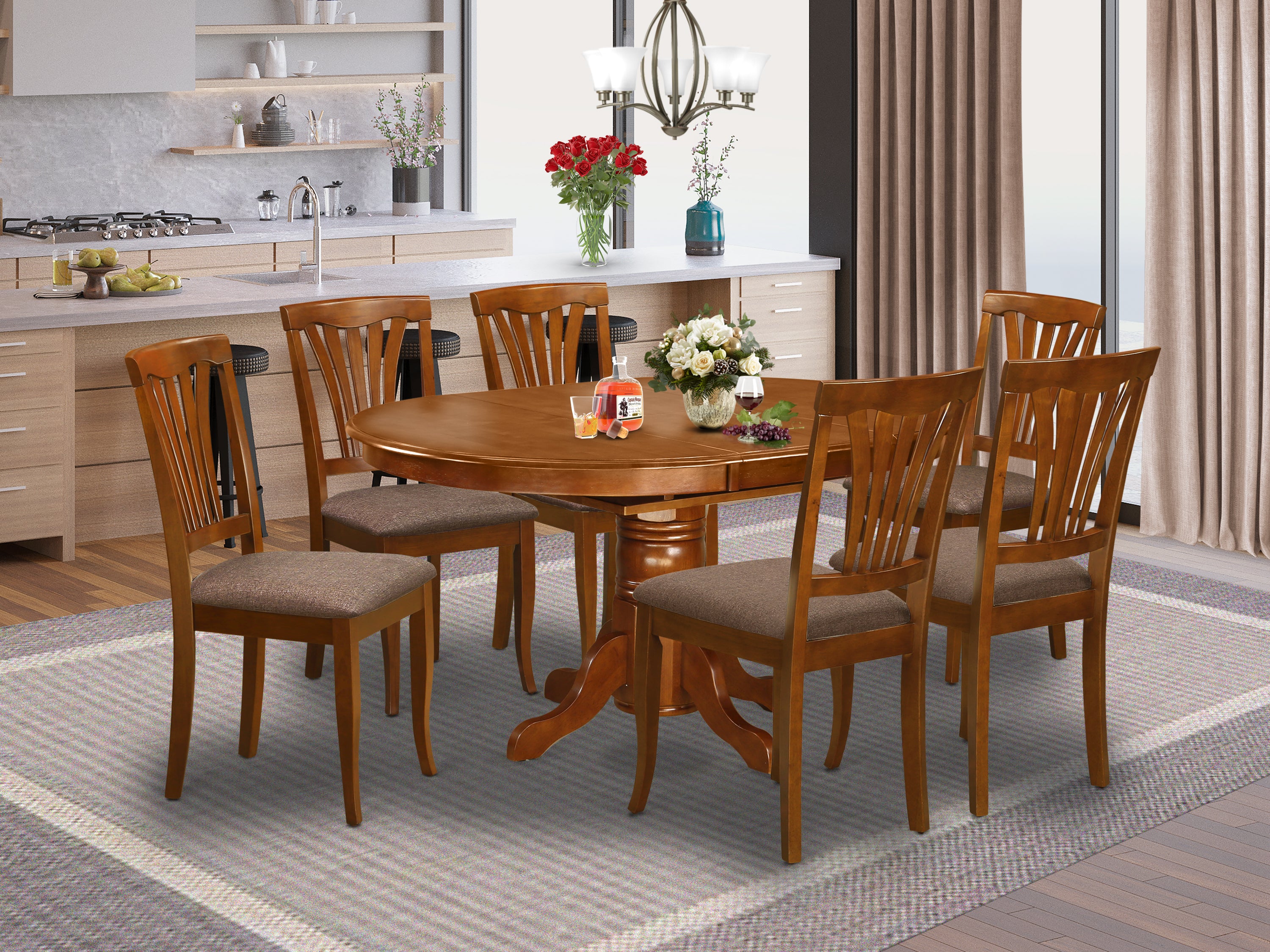 AVON7-SBR-C 7 Pc Avon Dinette Table featuring Leaf and 6 Cushion Kitchen Chairs.