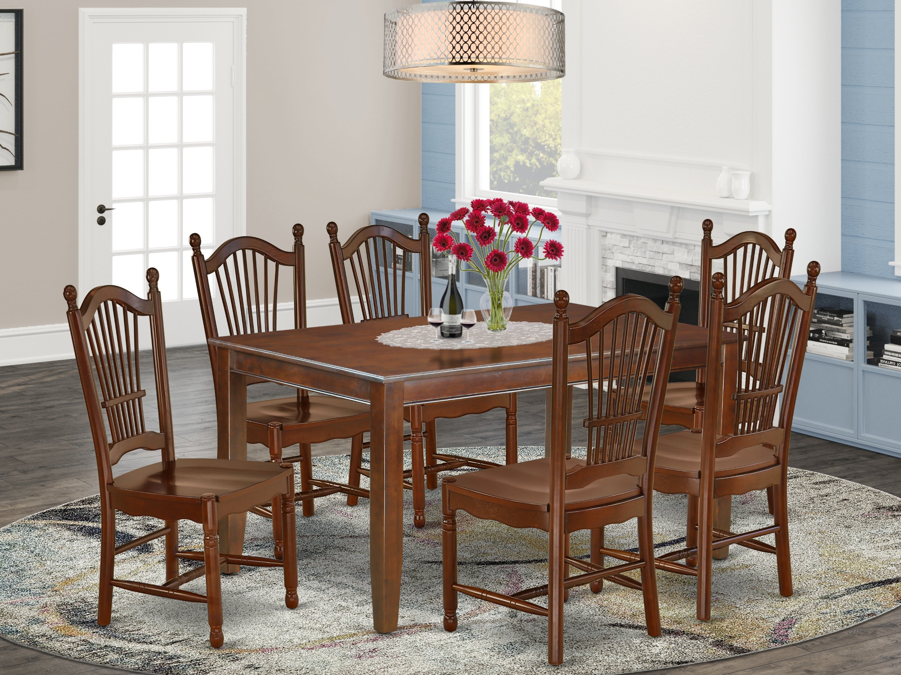 DUDO7-MAH-W 7Pc Rectangle 60" Dining Room Table And 6 Wood Seat Kitchen Chairs