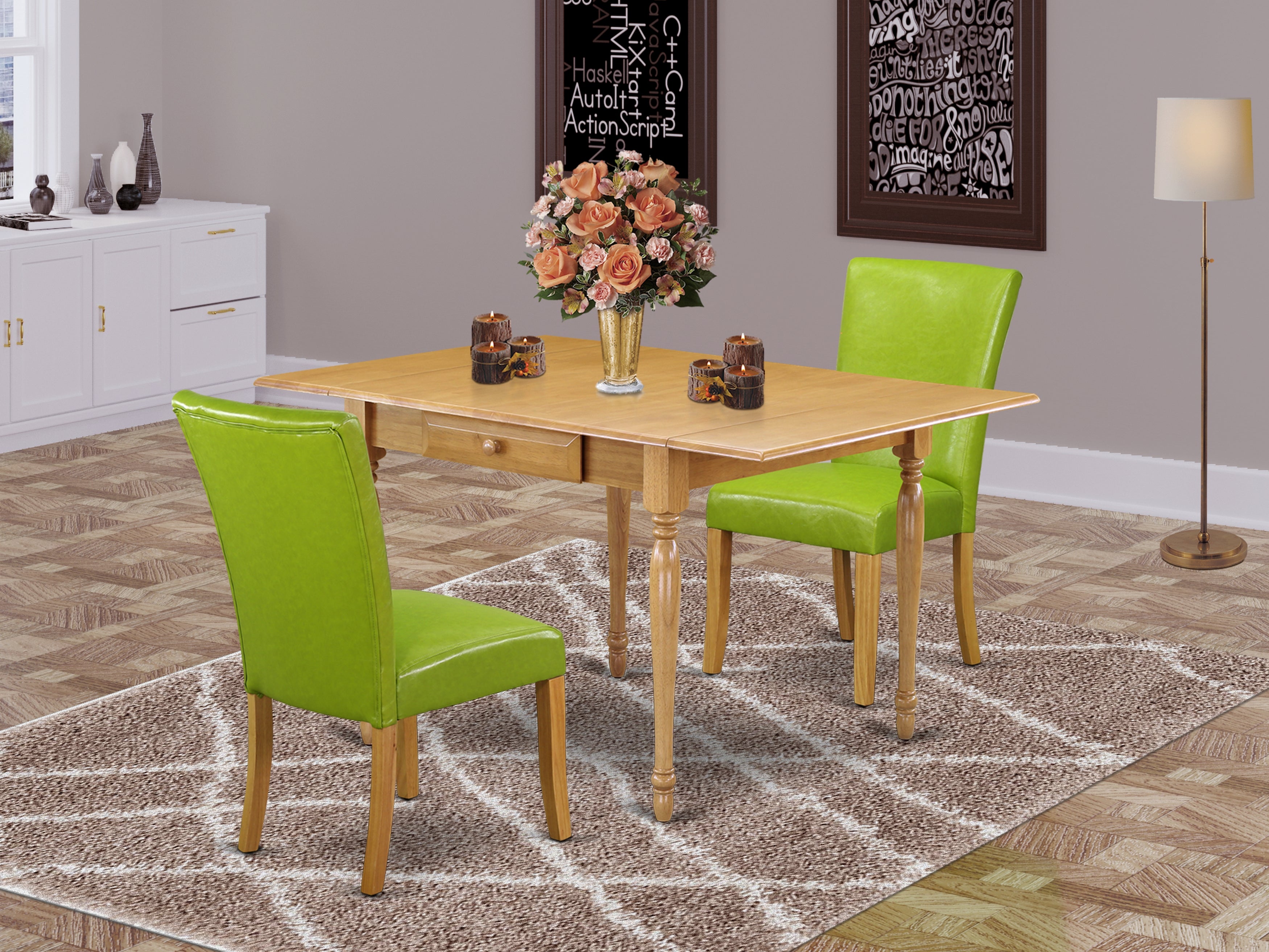 East West Furniture MZAL3-OAK-51 3Pc Kitchen Set Contains a Modern Dining Table and 2 Parson Chairs with Autumn Green Color PU Leather, Drop Leaf Table with Full Back Chairs, Oak Finish