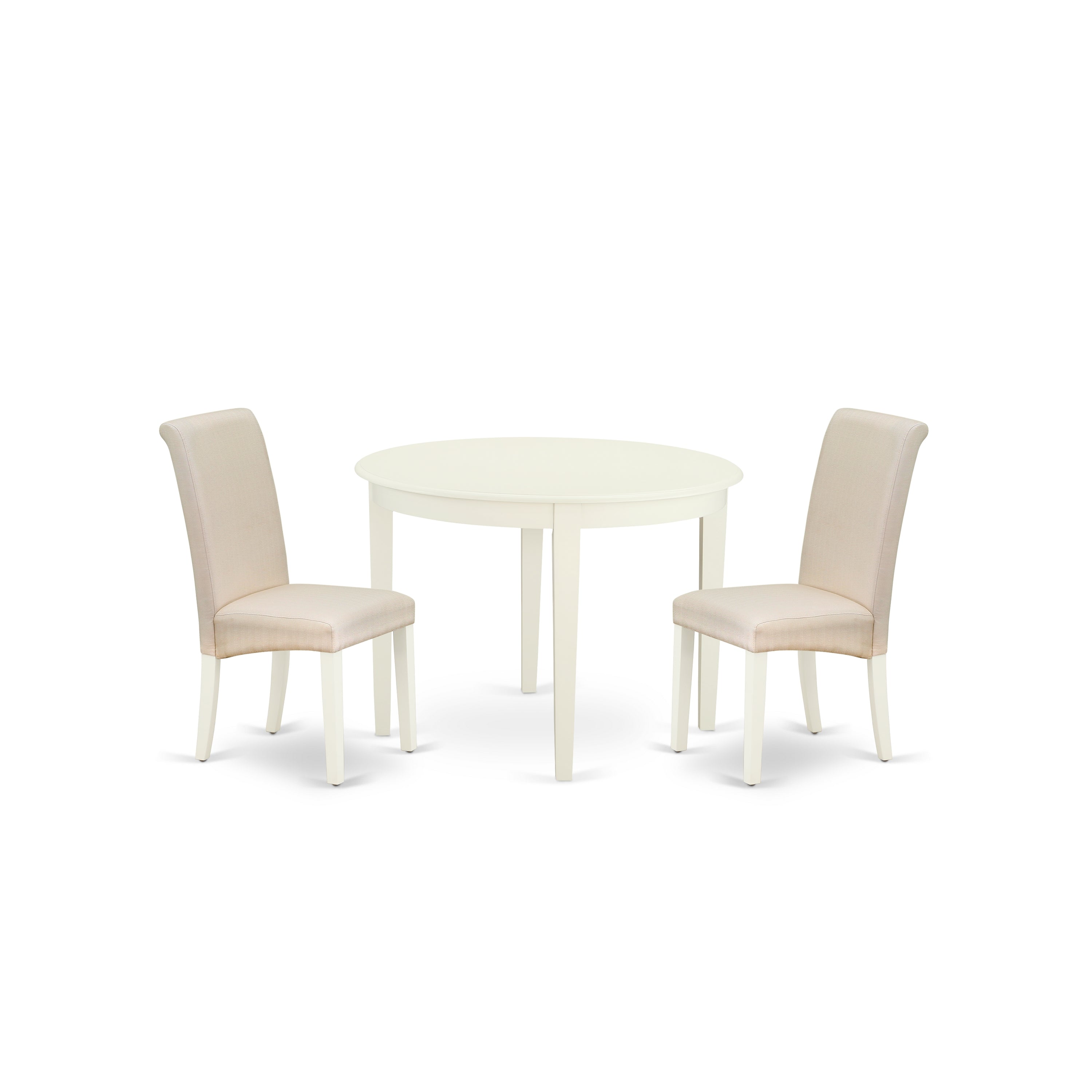 BOBA3-WHI-01 3Pc Dinette Set Includes a Small Rounded Kitchen Table and Two Parson Chairs with Cream Fabric, White Finish