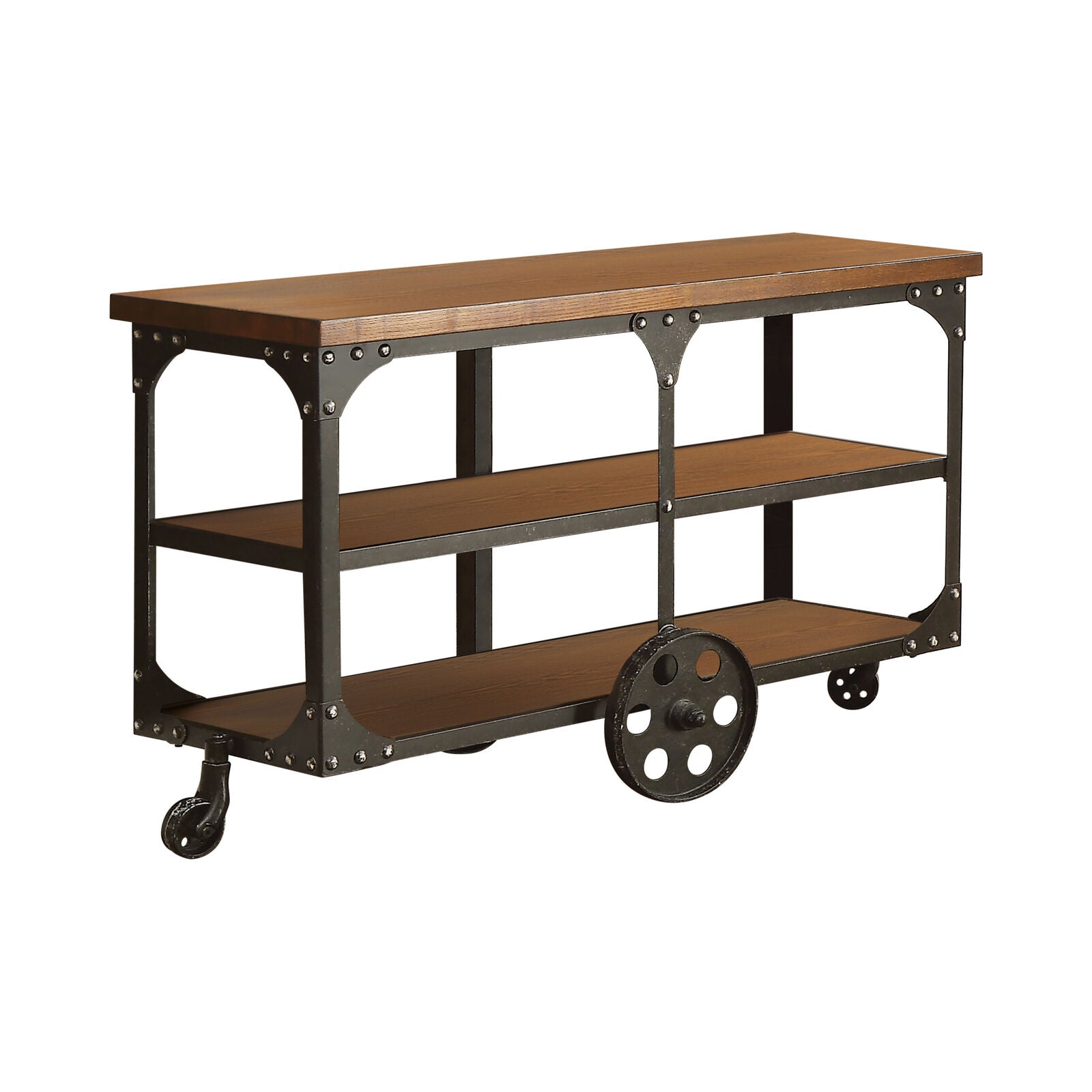 Industrial Style Rustic Solid Wood Sofa Table With Metal Accents & Wheels, Brown