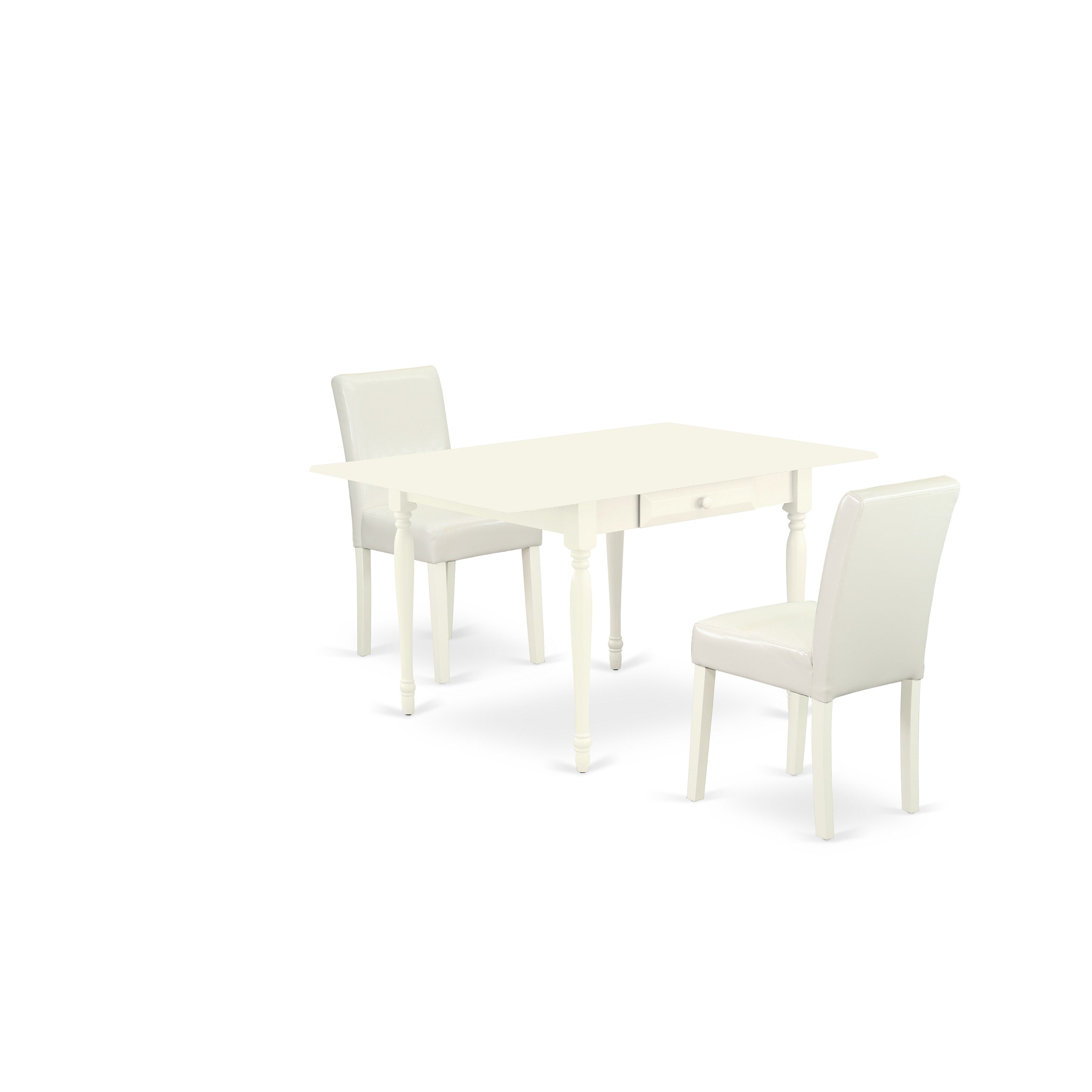 East West Furniture MZAB3-LWH-64 3Pc Dining Table Set for 2 Includes a Small Dining Table and 2 Parsons Chairs with White Color PU Leather, Drop Leaf Table with Full Back Chairs, Linen White Finish