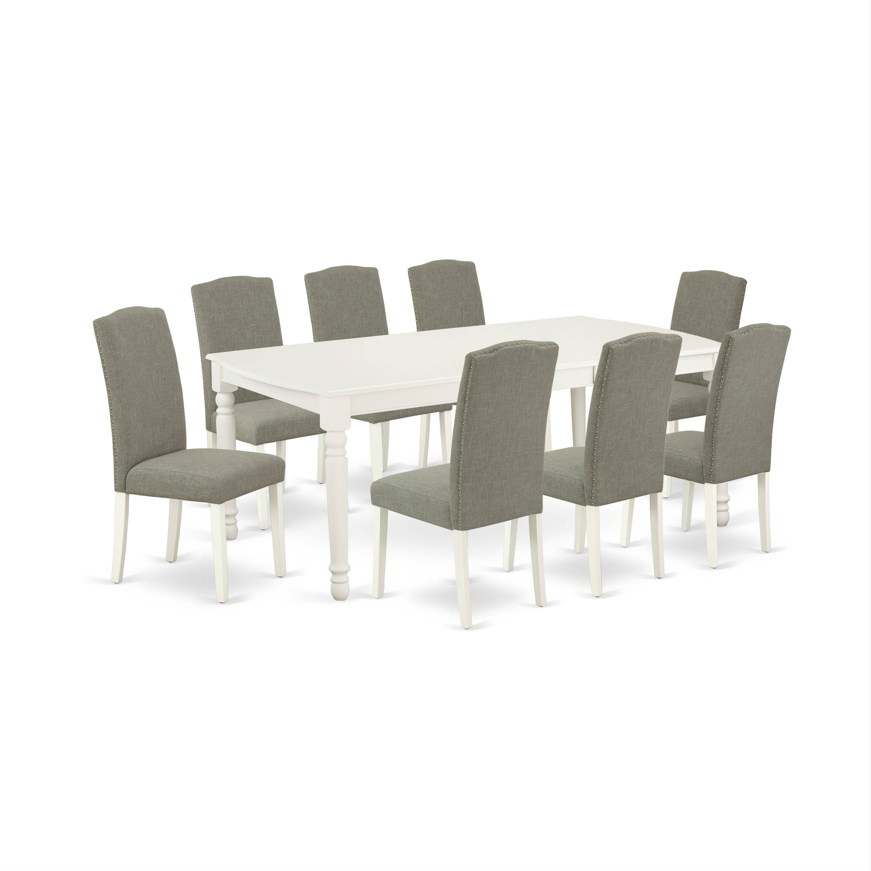 DOEN9-LWH-06 9Pc Rectangle 60/78 Inch Dining Table With 18 In Leaf And 8 Parson Chair With Linen White Leg And Linen Fabric Dark Shitake