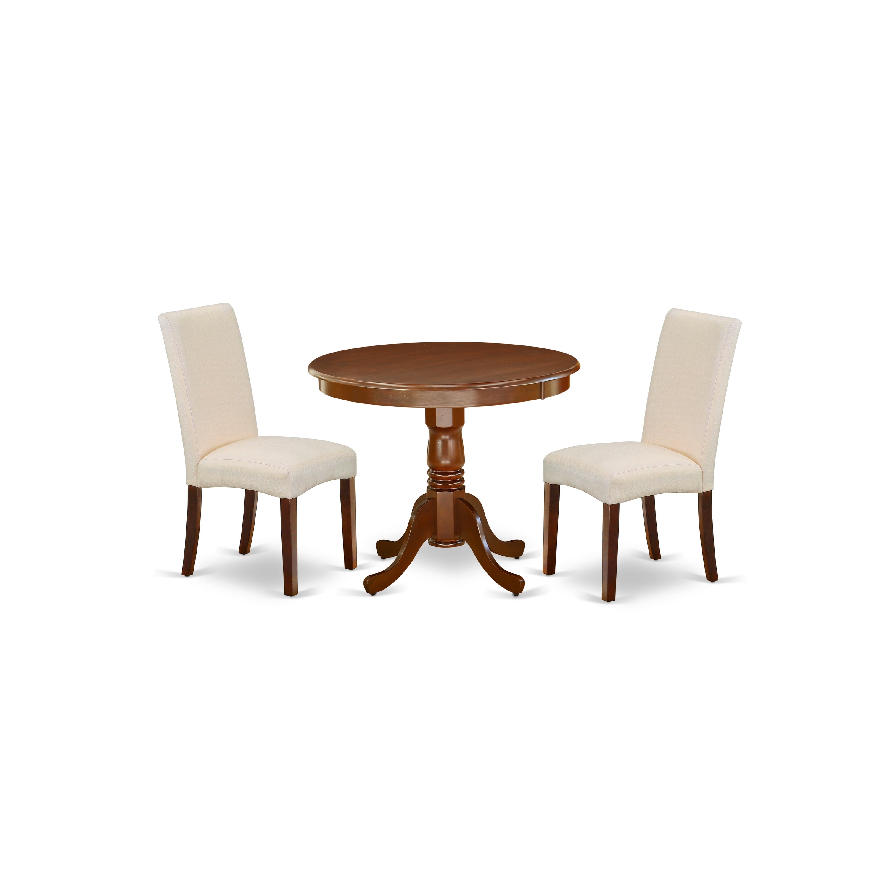 ANDR3-MAH-01 3Pc Round 36" Table And A Pair Of Parson Chair With Mahogany Finish Leg And Linen Fabric- Cream Color