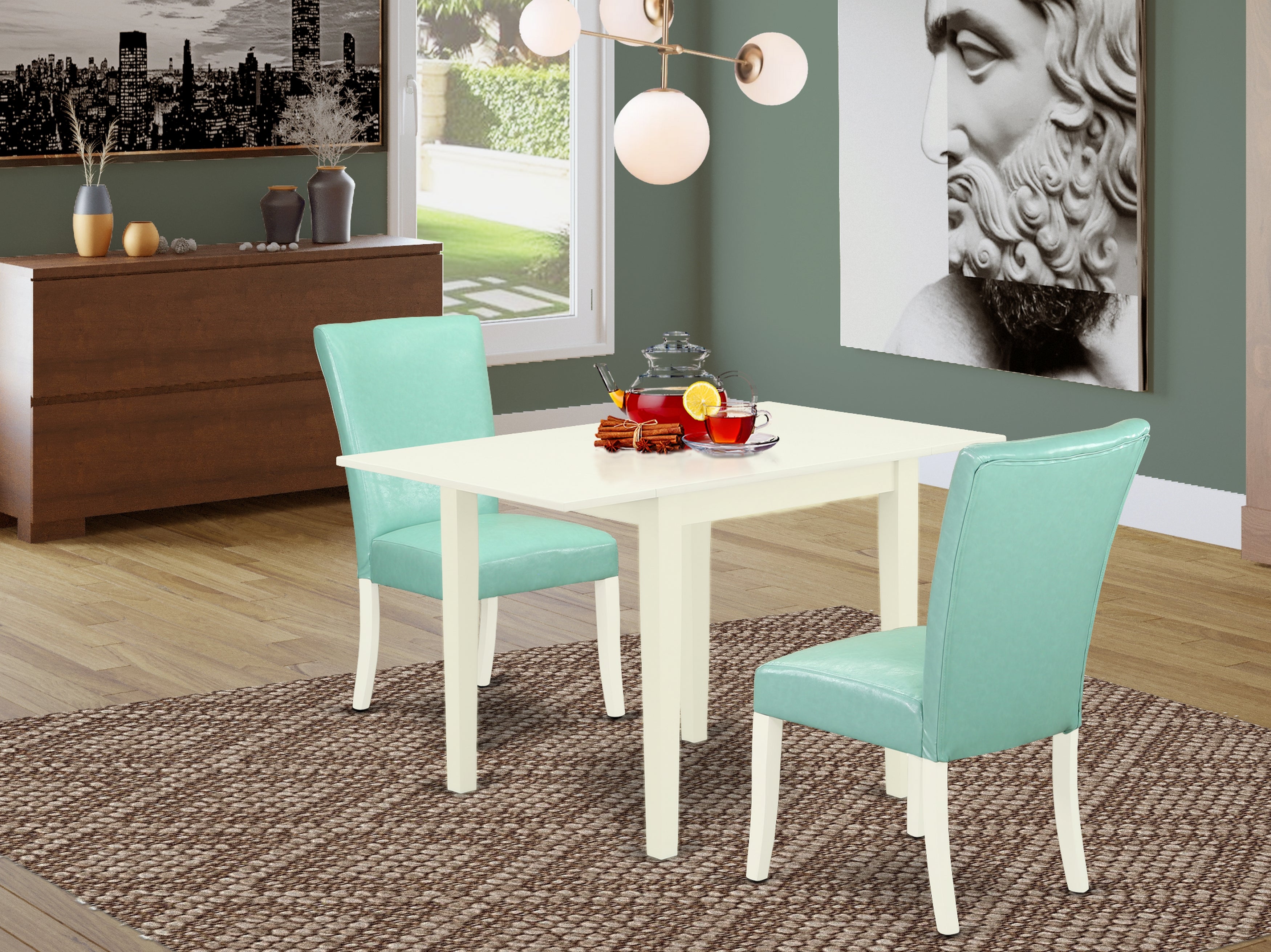 East West Furniture NDAL3-LWH-57 Wooden Dining Table set 3 Pc - Two Dining Room Chairs and a Wood Dining Table - Linen White Finish Hardwood - Pond Color Pu Leather