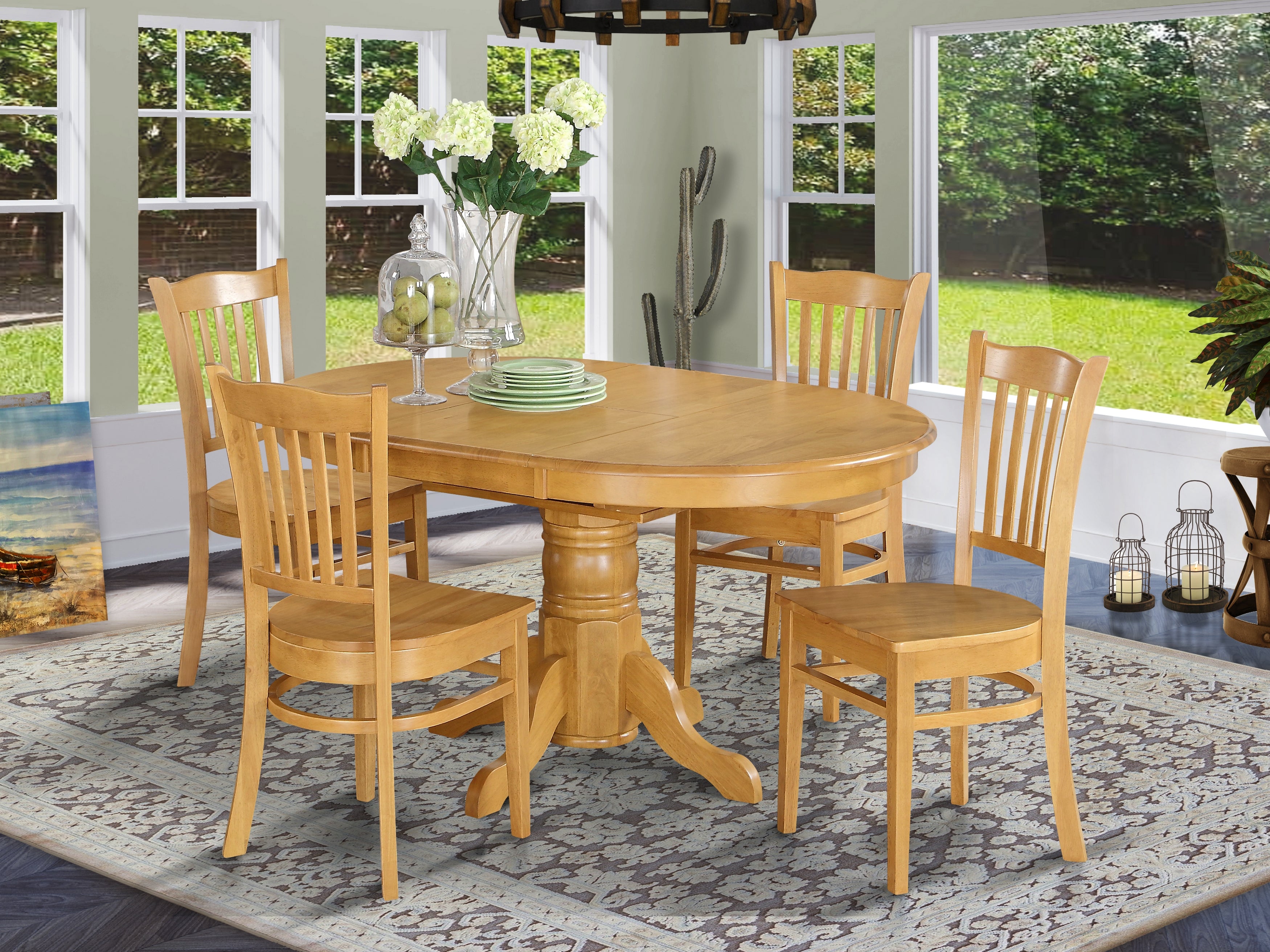 AVGR5-OAK-W 5 Pc Dining room set for 4- Table with Leaf and 4 Dining Chairs.