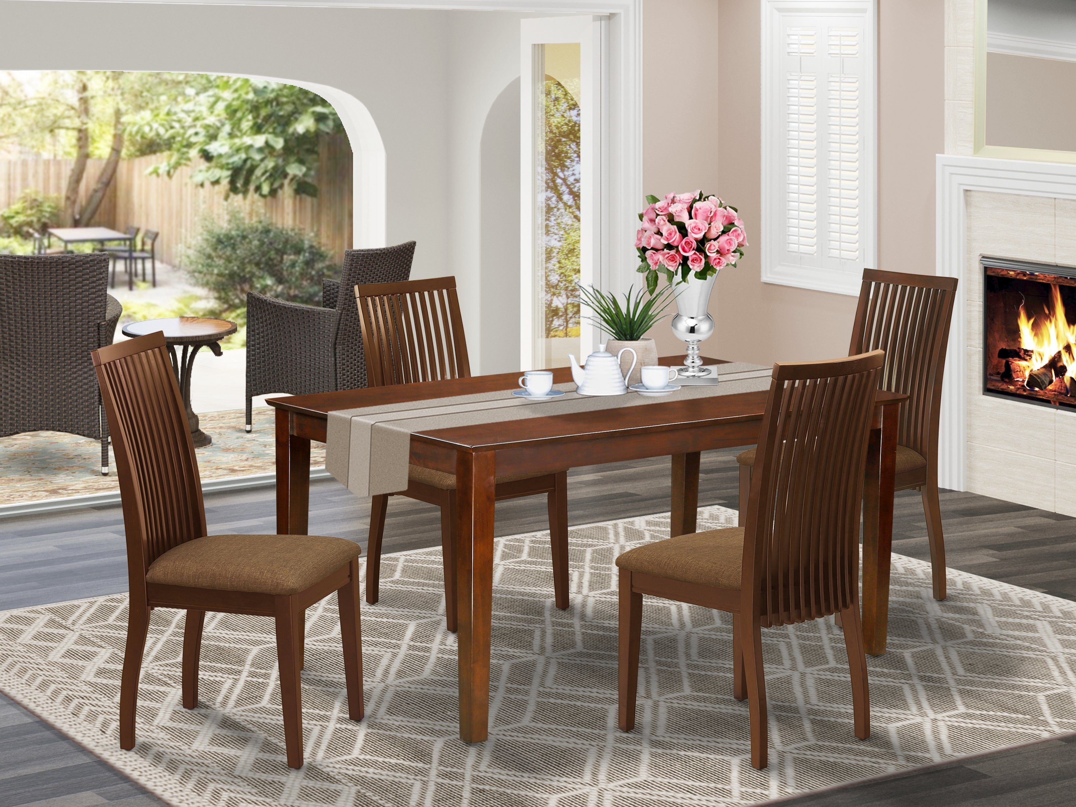 CAIP5-MAH-C 5Pc Dining Set Includes a Rectangle Dinette Table and Four Microfiber Seat Dining Chairs, Mahogany Finish