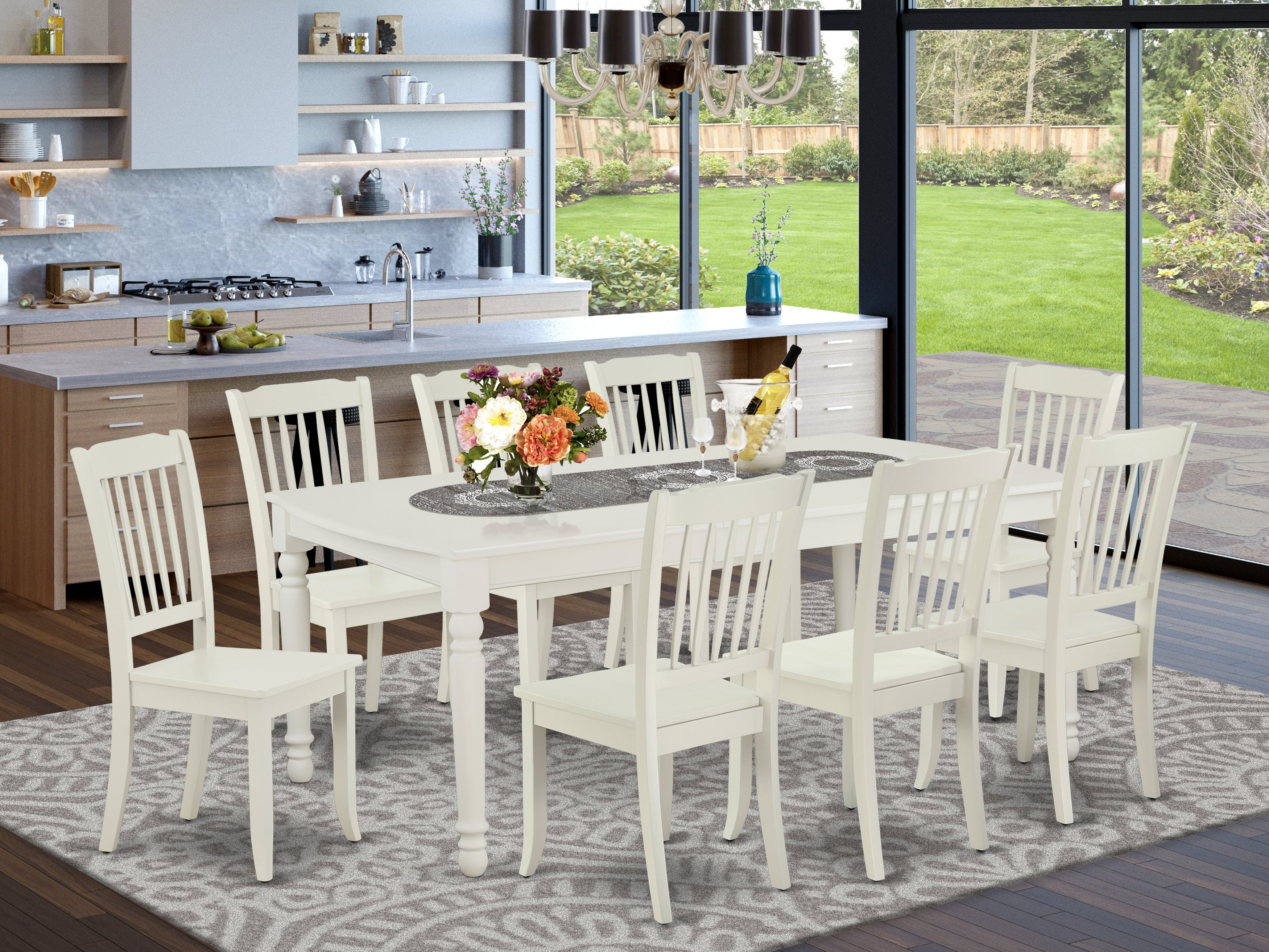 DODA9-LWH-W 9PC Rectangular 60/78 inch Table with 18 In Leaf and 8 vertical slatted Chairs