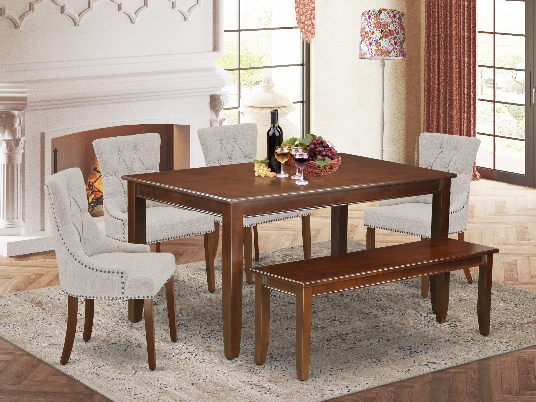 DUFR6-MAH-05 6Pc Dining Set Includes a Rectangle Dining Table, Four Parson Chairs with Doeskin Fabric and a Bench, Mahogany Finish