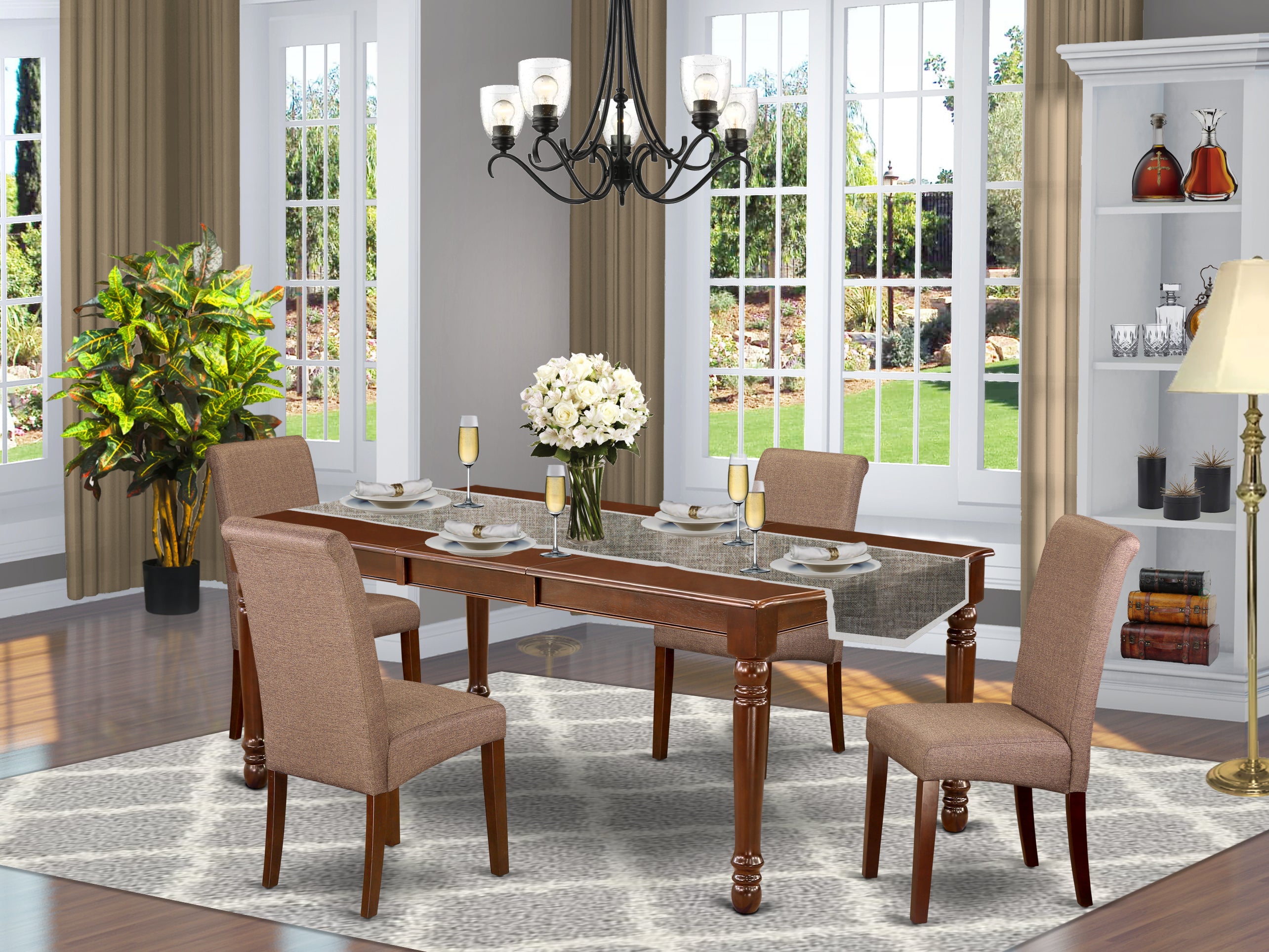 DOBA5-MAH-18 5Pc Kitchen table with linen brown fabric Parson chairs with mahogany chair legs