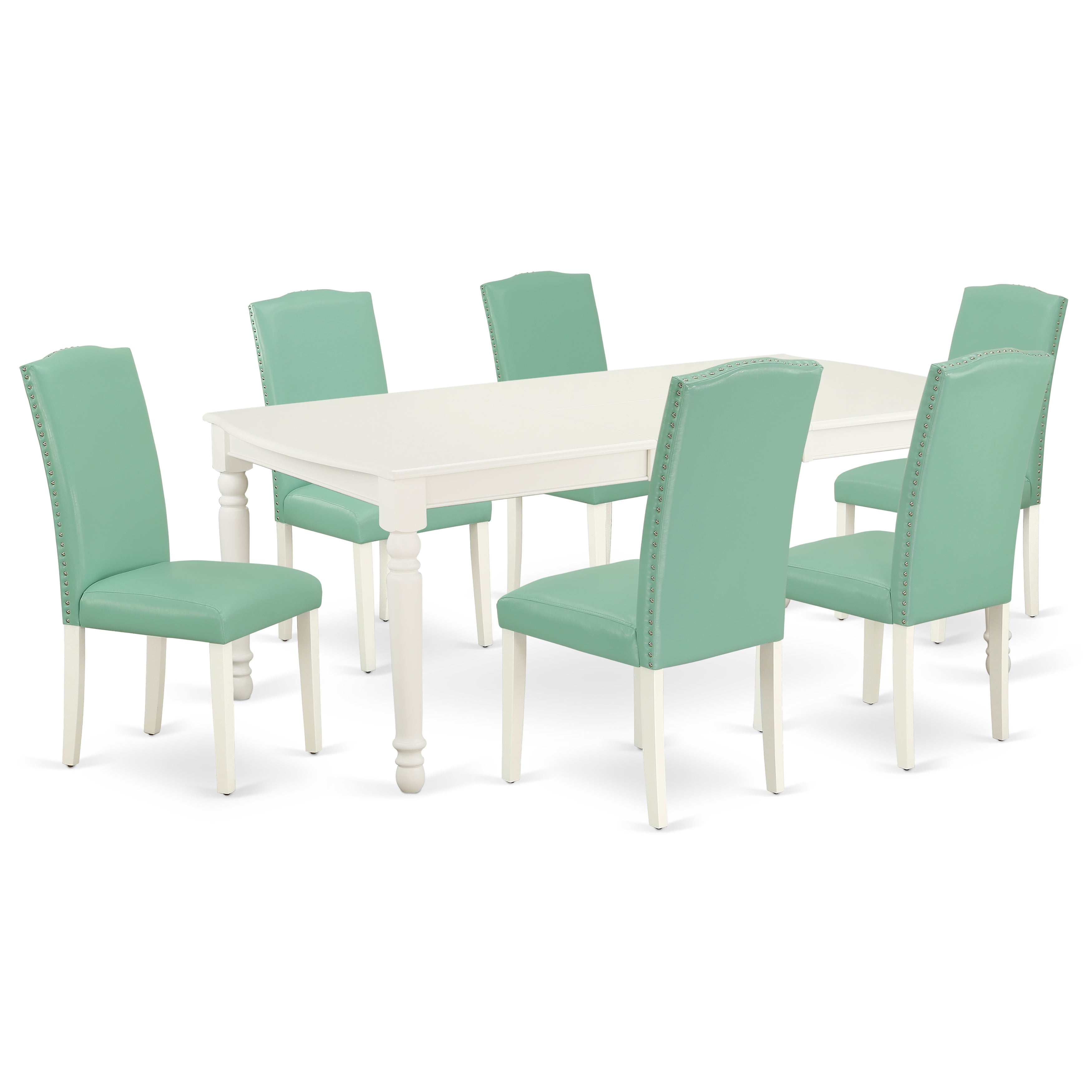 DOEN7-LWH-57 7Pc Rectangle 60/78 Inch Table With 18 In Leaf And 6 Parson Chair With Linen White Leg And Pu Leather Color Pond