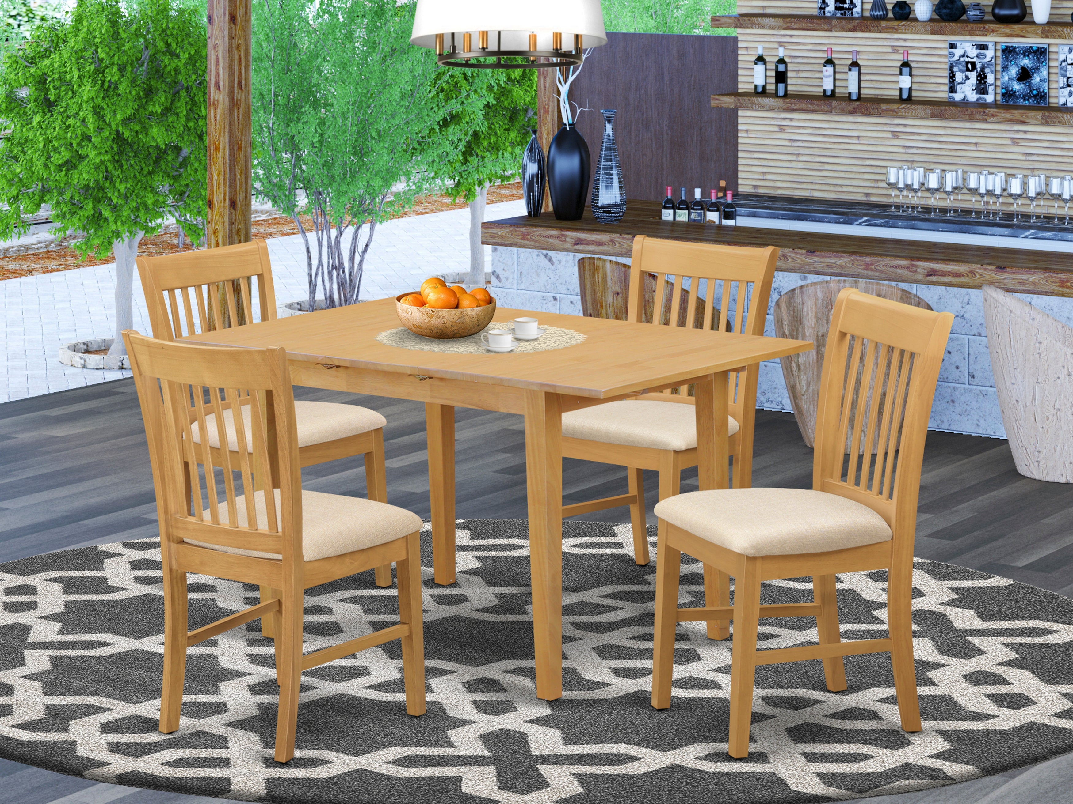 5 Pc Kitchen Nook Dining Table with 12in leaf & 4 Dining Chairs Set In Oak