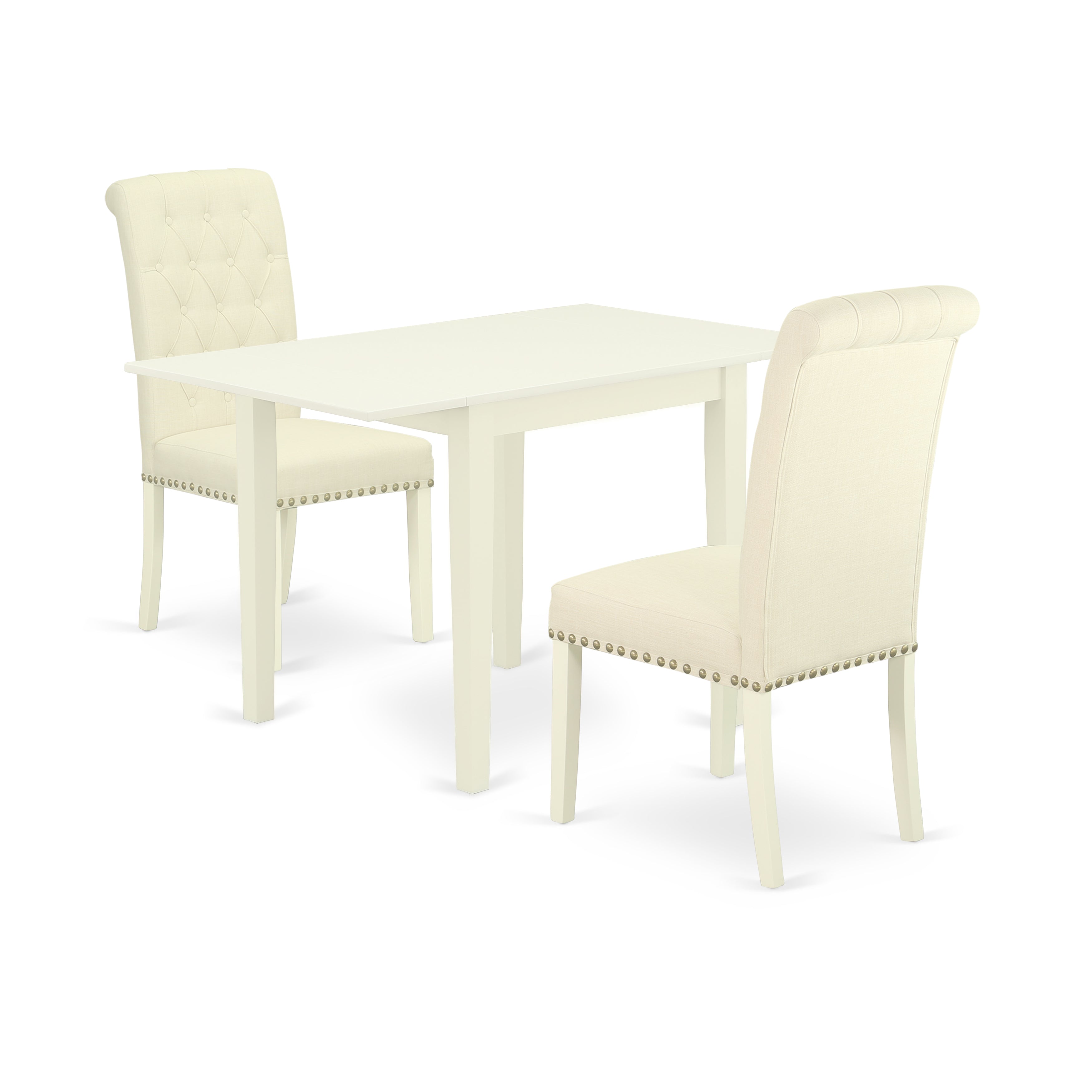 East West Furniture NDBR3-LWH-02 Wooden Dining Table Set 3 Pc - Two Chairs For Dining Room and a kitchen Table - Linen White Finish Solid wood - Light Beige Color Linen Fabric