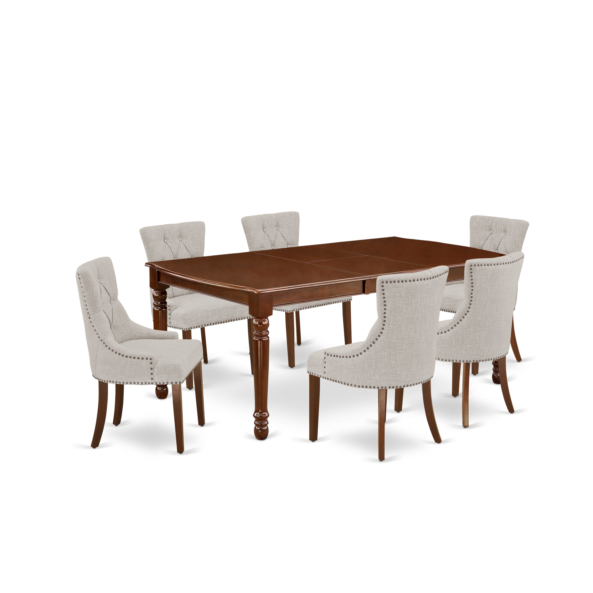 DOFR7-MAH-05 7Pc Dinette Set Includes a Rectangular Kitchen Table with Butterfly Leaf and Six Parson Chairs with Doeskin Fabric, Mahogany Finish