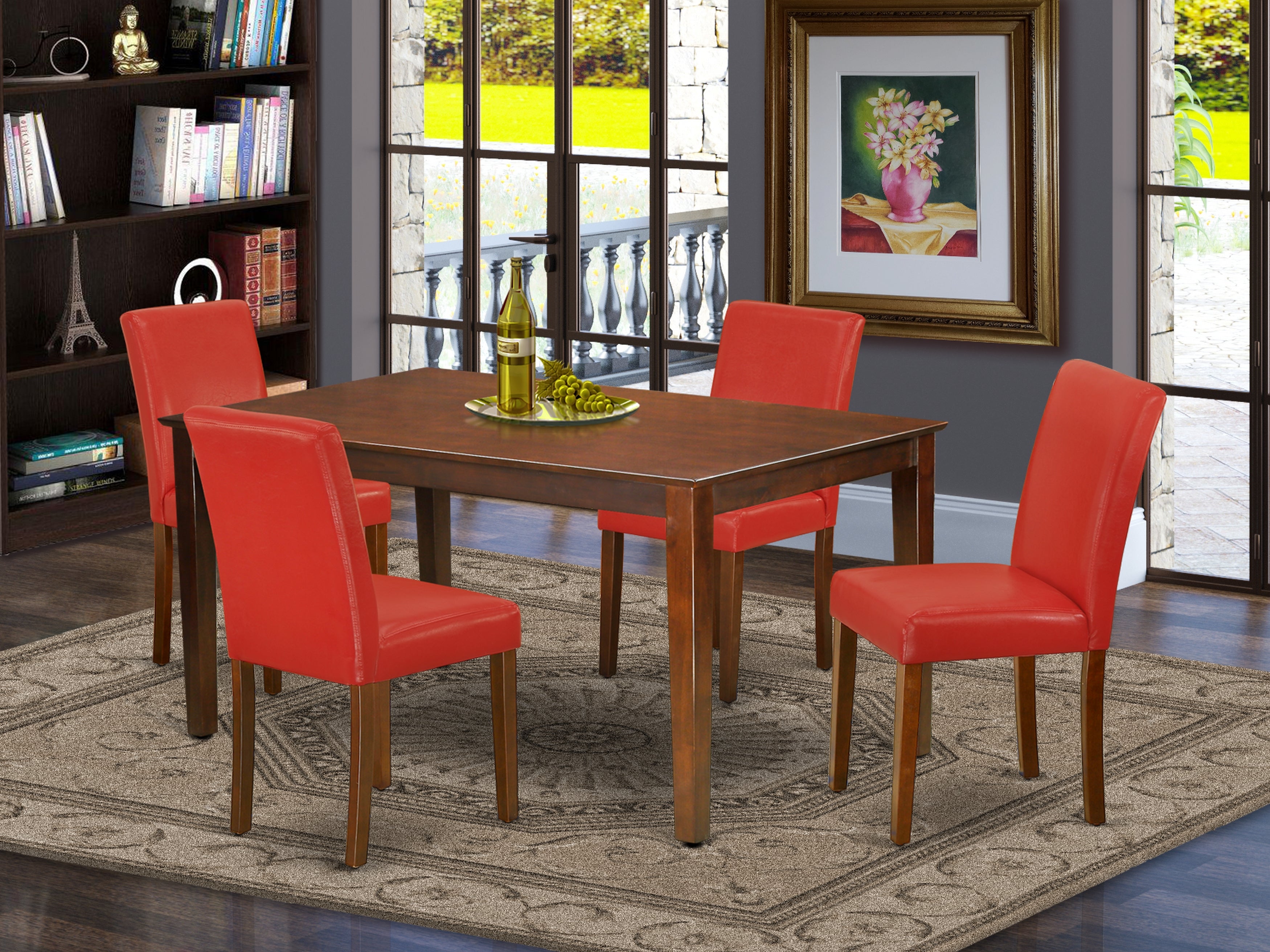 CAAB5-MAH-72 5Pc Rectangle 60" Dining Room Table And 4 Parson Chair With Mahogany Leg And Pu Leather Color Firebrick Red