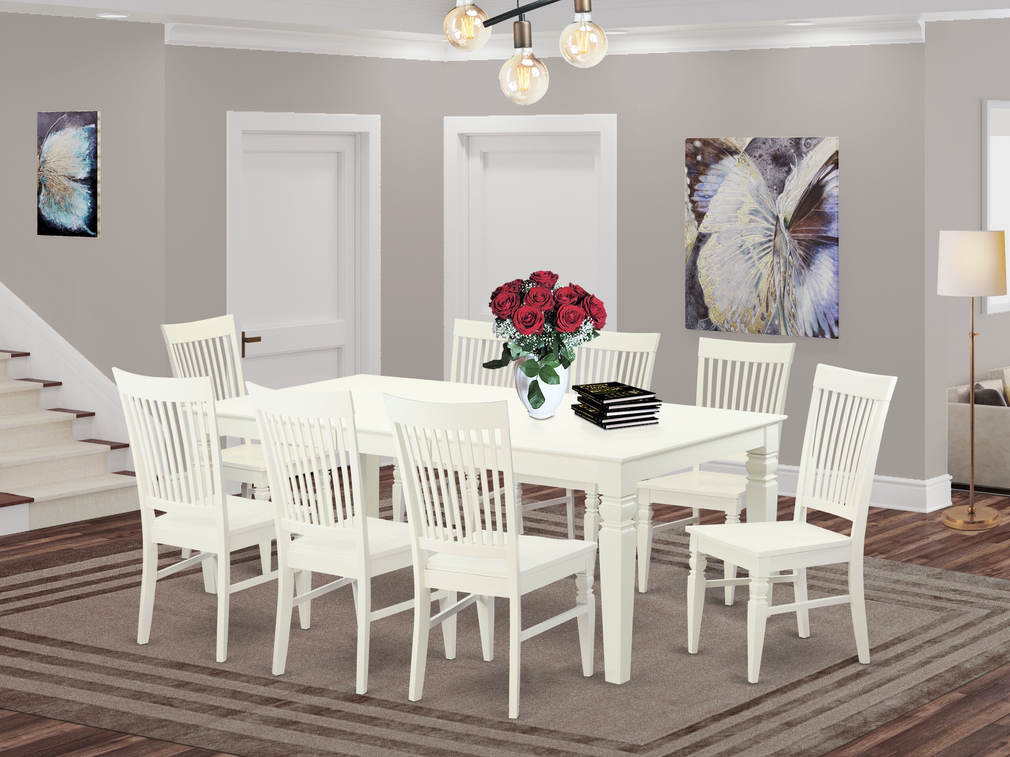 LGWE9-LWH-W 9 PcTable set with a Dining Table and 8 Dining Chairs in Linen White