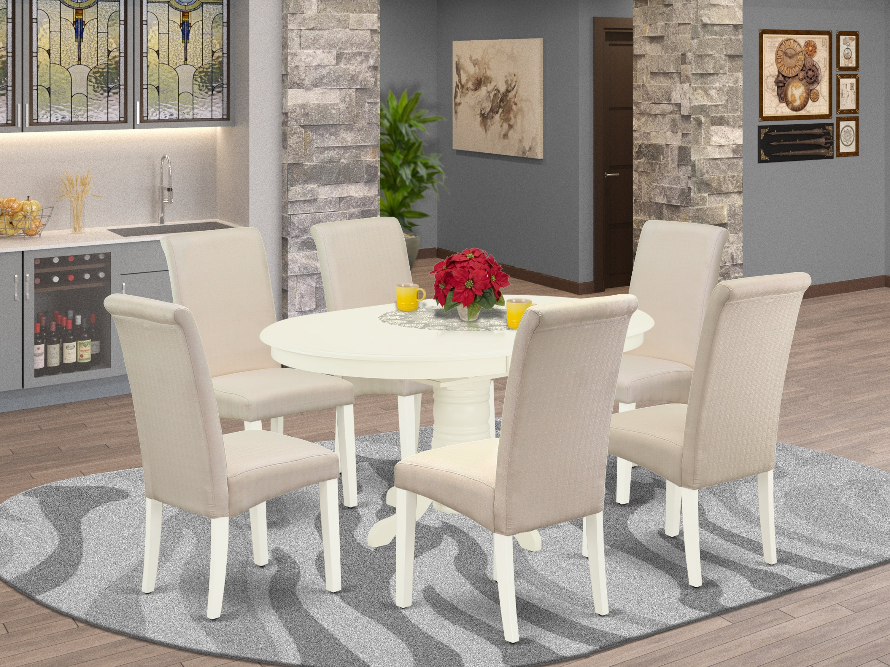 AVBA7-LWH-01 7Pc Dinette Set Includes an Oval Kitchen Table with Butterfly Leaf and Six Parson Chairs with Cream Fabric, Linen White Finish