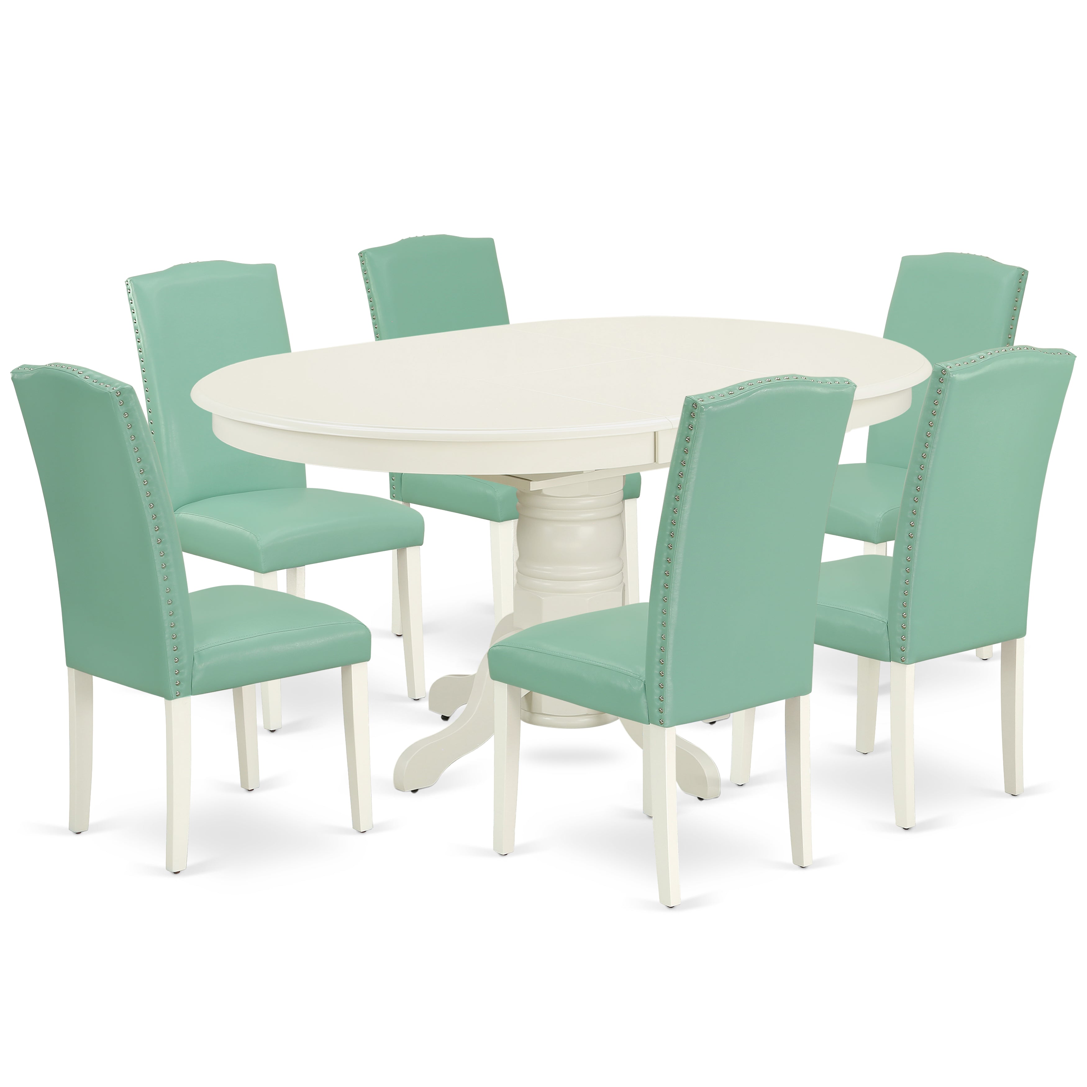 AVEN7-LWH-57 7Pc Oval 42/60" Dinette Table With 18 In Butterfly Leaf And 6 Parson Chair With Linen White Leg And Pu Leather Color Pond