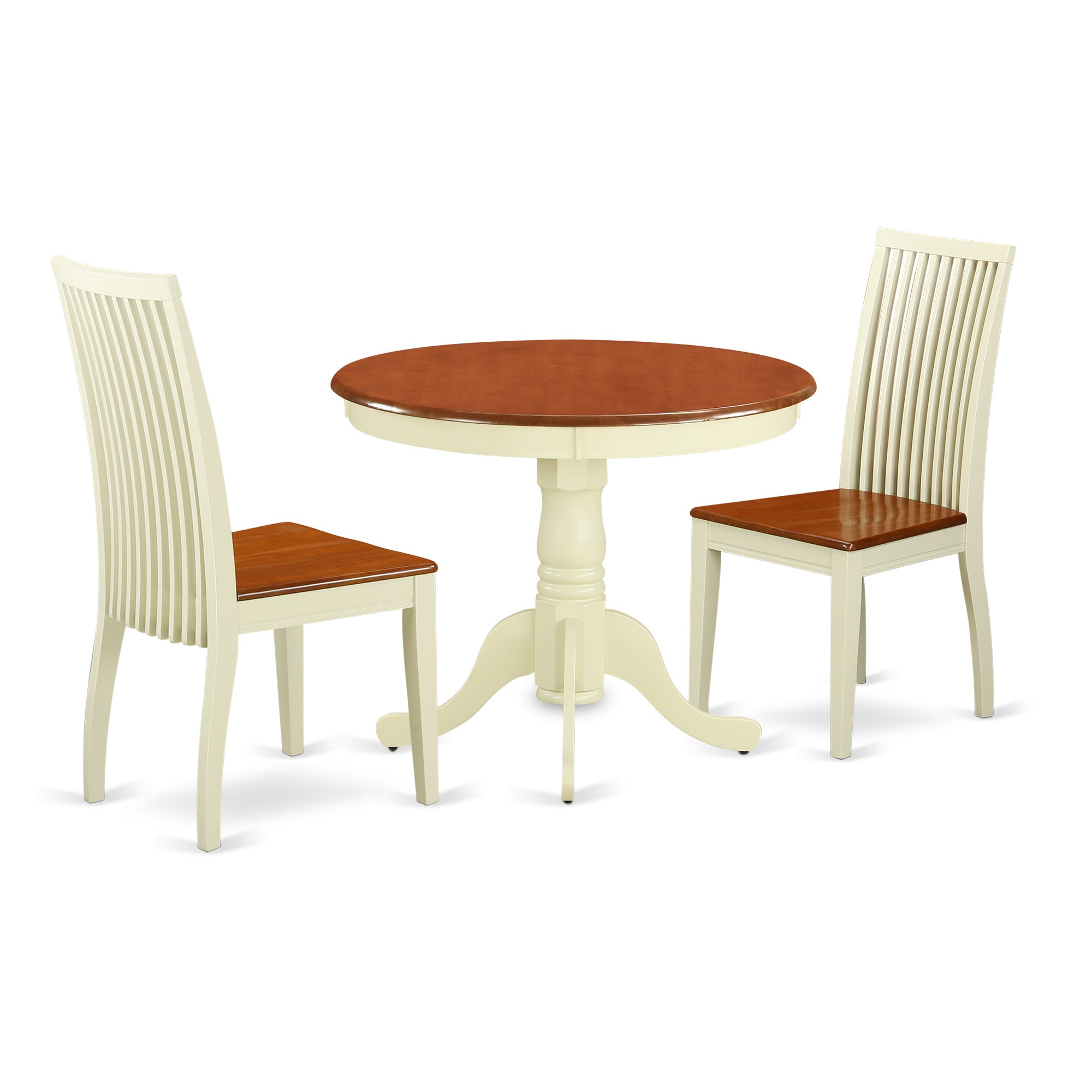 ANIP3-BMK-W 3 Pc Kitchen table set with a Kitchen Table and 2 Wood Seat Kitchen Chairs in Buttermilk and Cherry