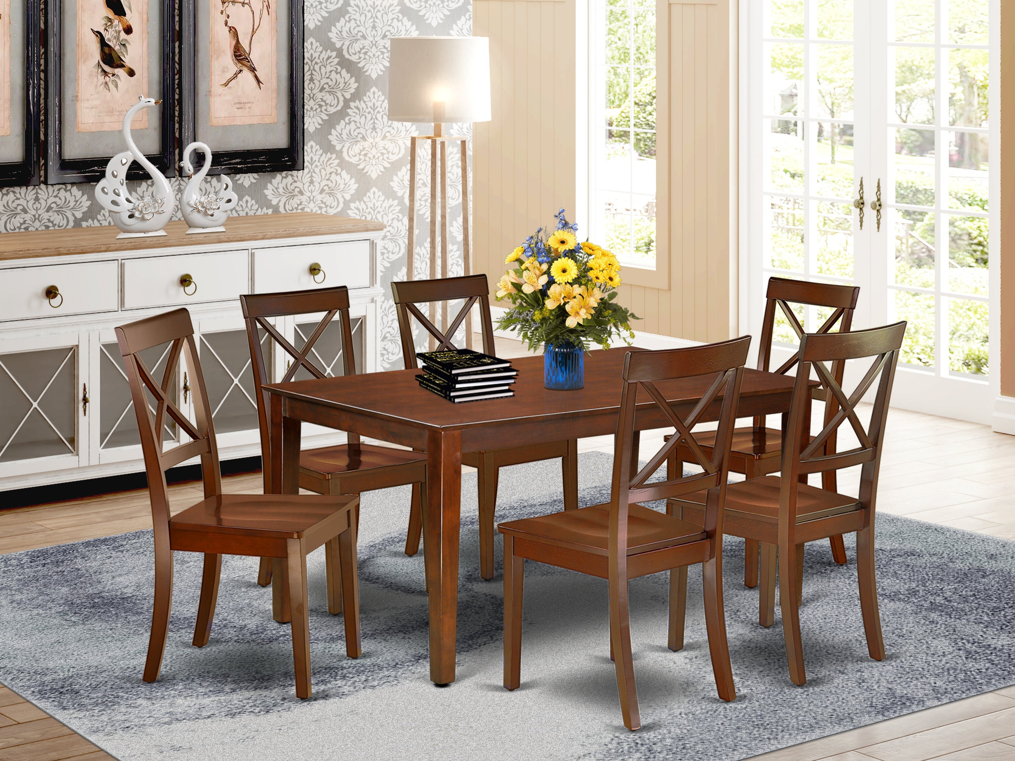 CABO7-MAH-W 7Pc Rectangle 60" Dinner Table And Six Wood Seat Kitchen Chairs