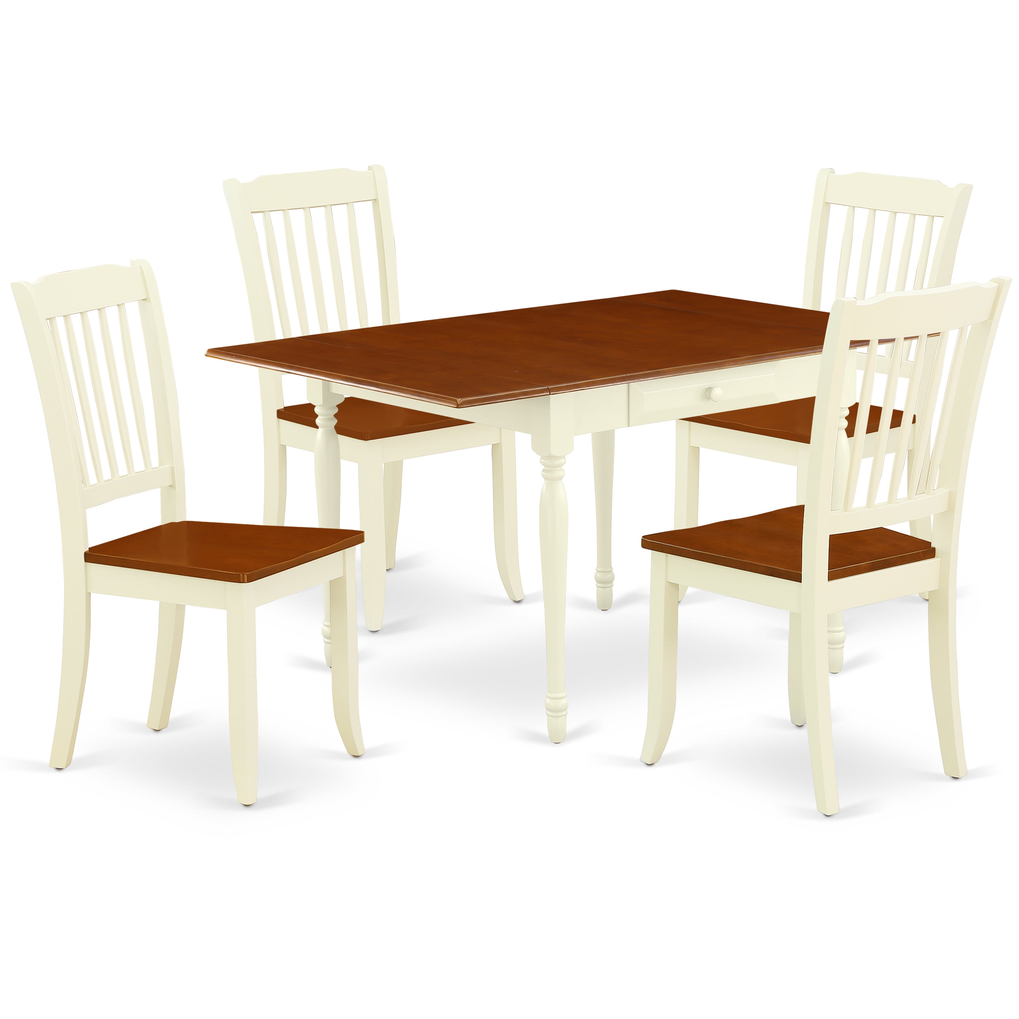 East West Furniture MZDA5-WHI-W 5Pc Kitchen and Dining Room Table Set Offers a Small Dining Table and 4 Kitchen Chairs with Wooden Seat, Drop Leaf Table with Slat Back Chairs, Buttermilk and Cherry Finish