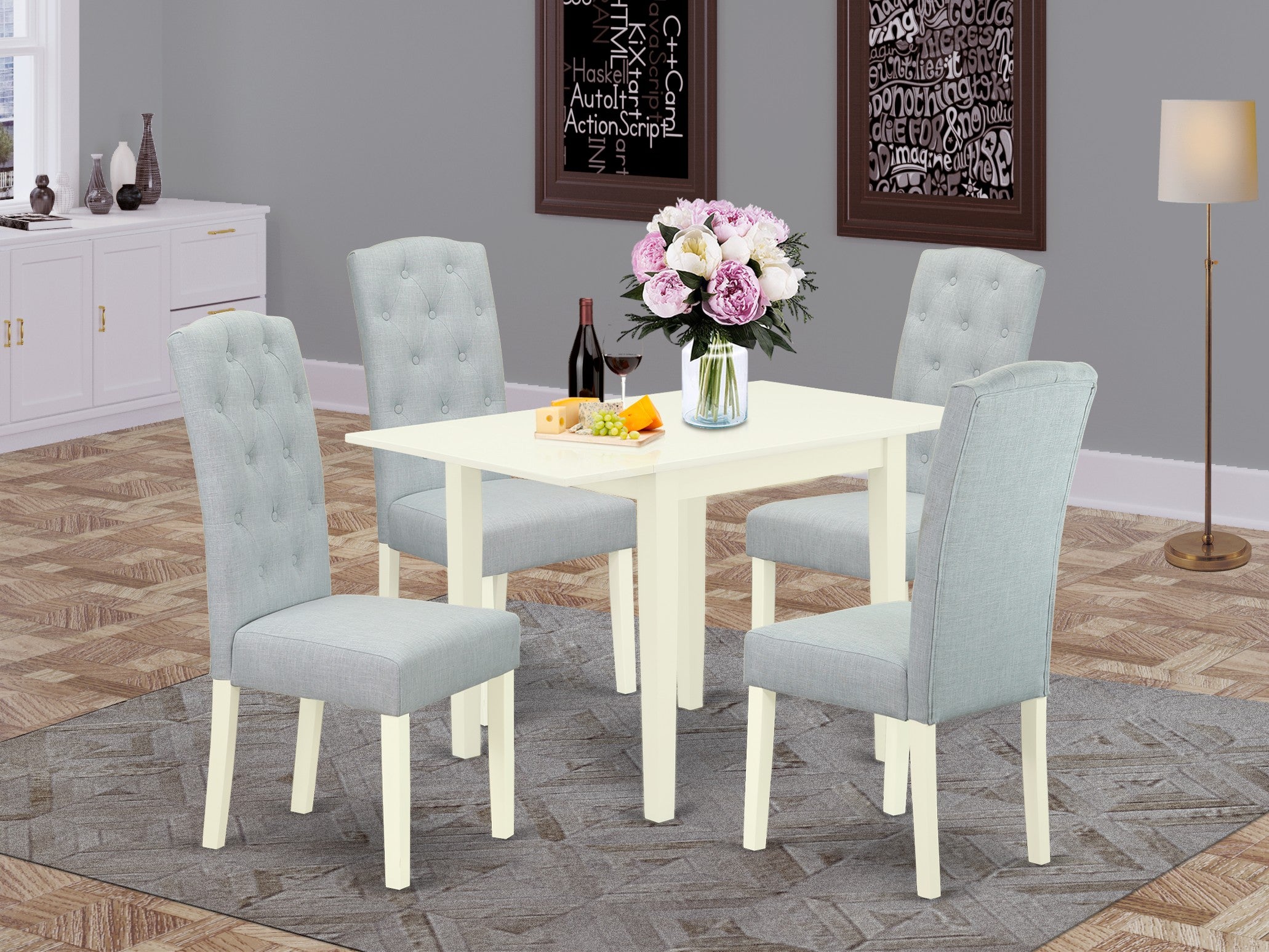 East West Furniture NDCE5-LWH-15 Dining Set 5 Pc - 4 Chairs For Dining Room and a wood dining table - Linen White Finish Solid wood - Baby Blue Color Linen Fabric