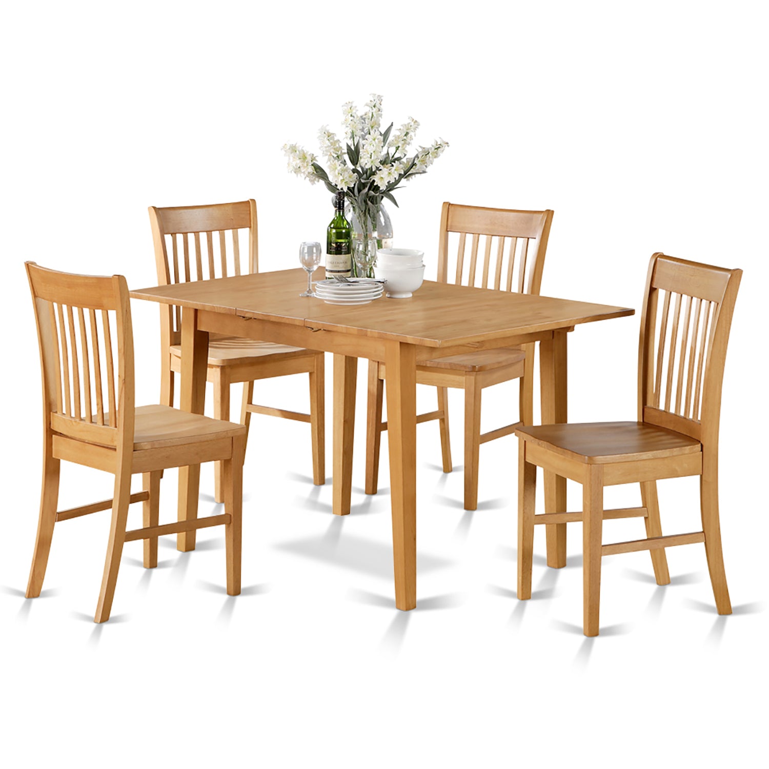 5 Pc Kitchen Nook Dining Table with 12in leaf & 4 Dining Chairs Set In Oak