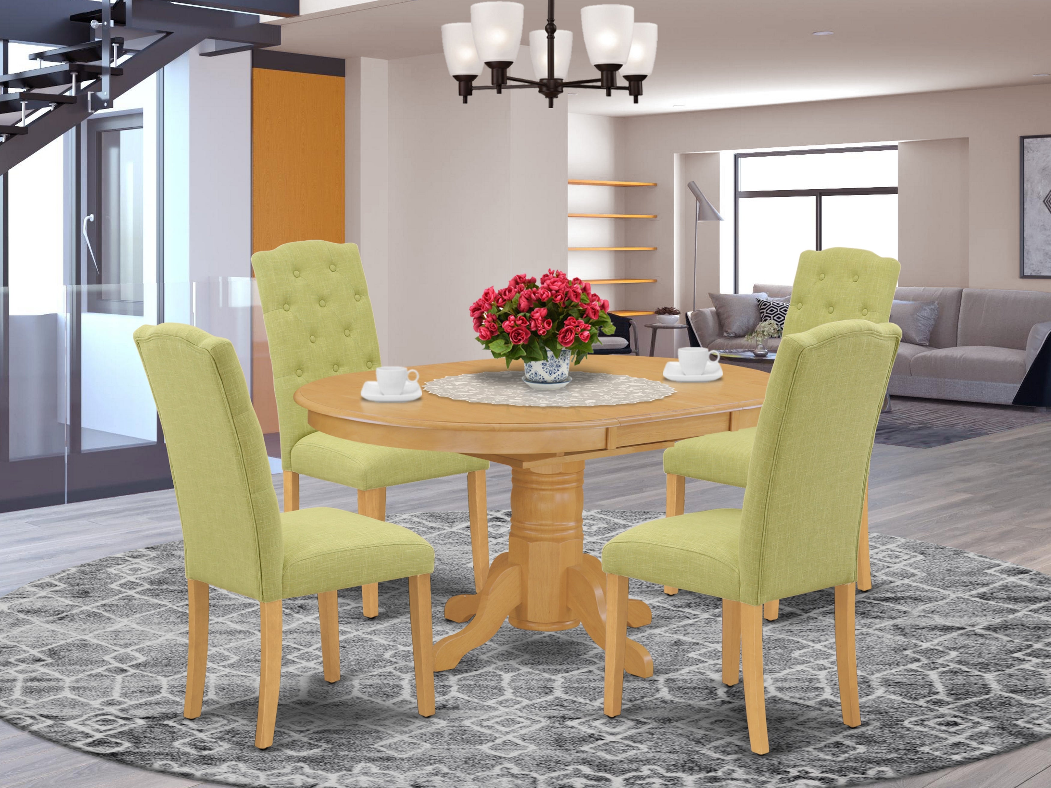 AVCE5-OAK-07 5Pc Dining Set Includes an Oval Dinette Table with Butterfly Leaf and Four Parson Chairs with Lime Green Fabric, Oak Finish