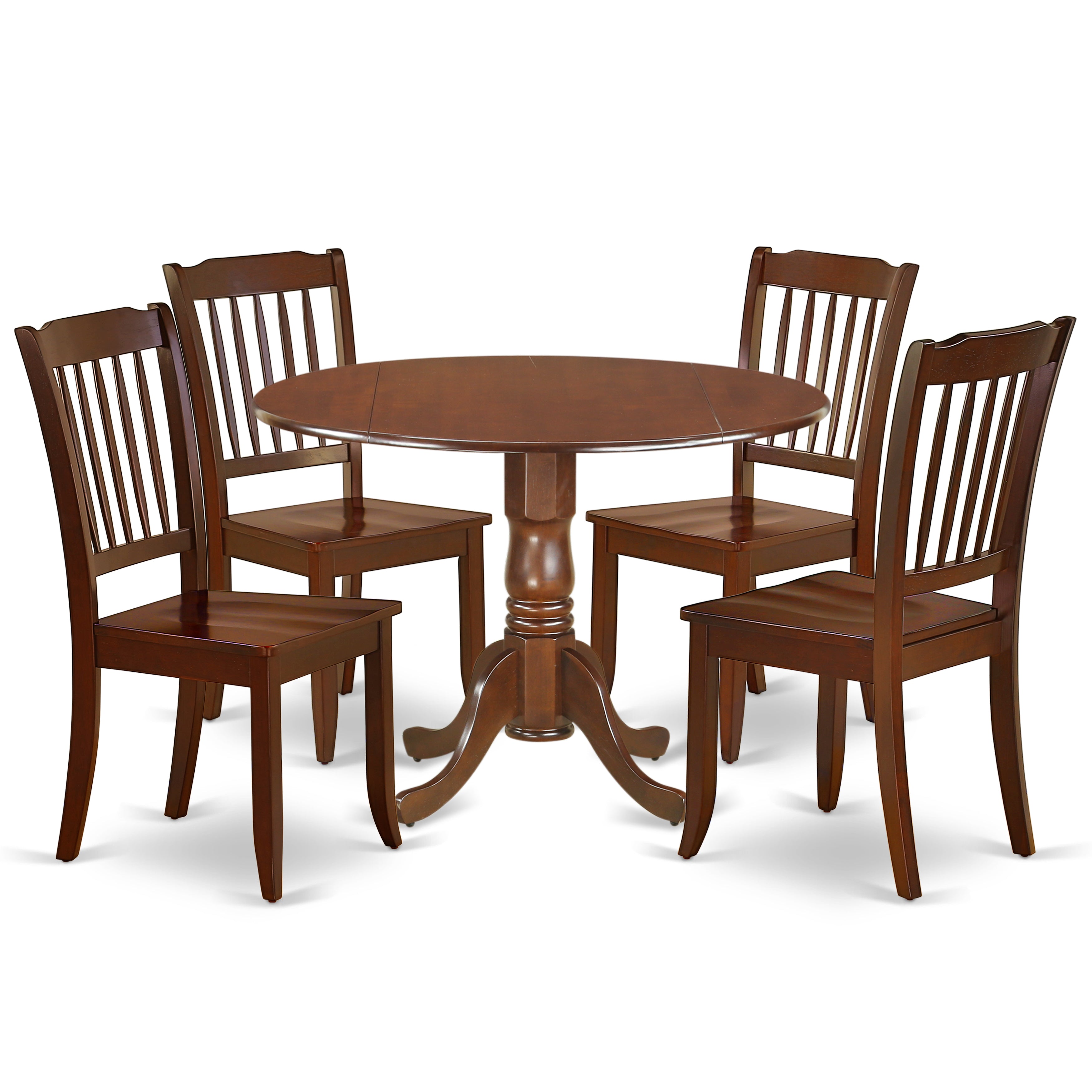 DLDA5-MAH-W 5PC Round 42 inch Table with Two 9-Inch Drop Leaves and 4 vertical slatted Chairs