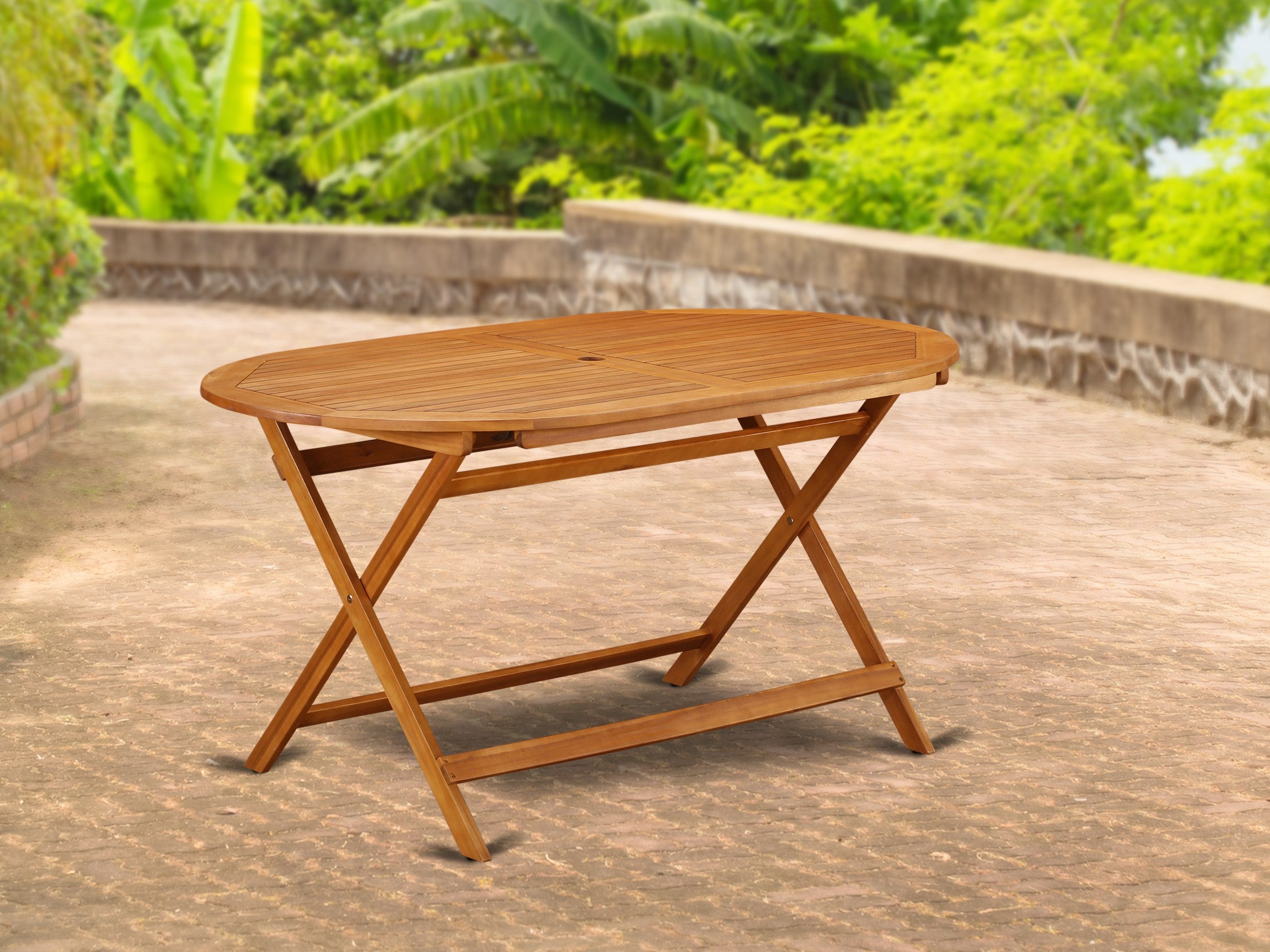 BDITFNA Oval Foldable Patio Acacia solid wood Dining Table - Natural Oil Finish