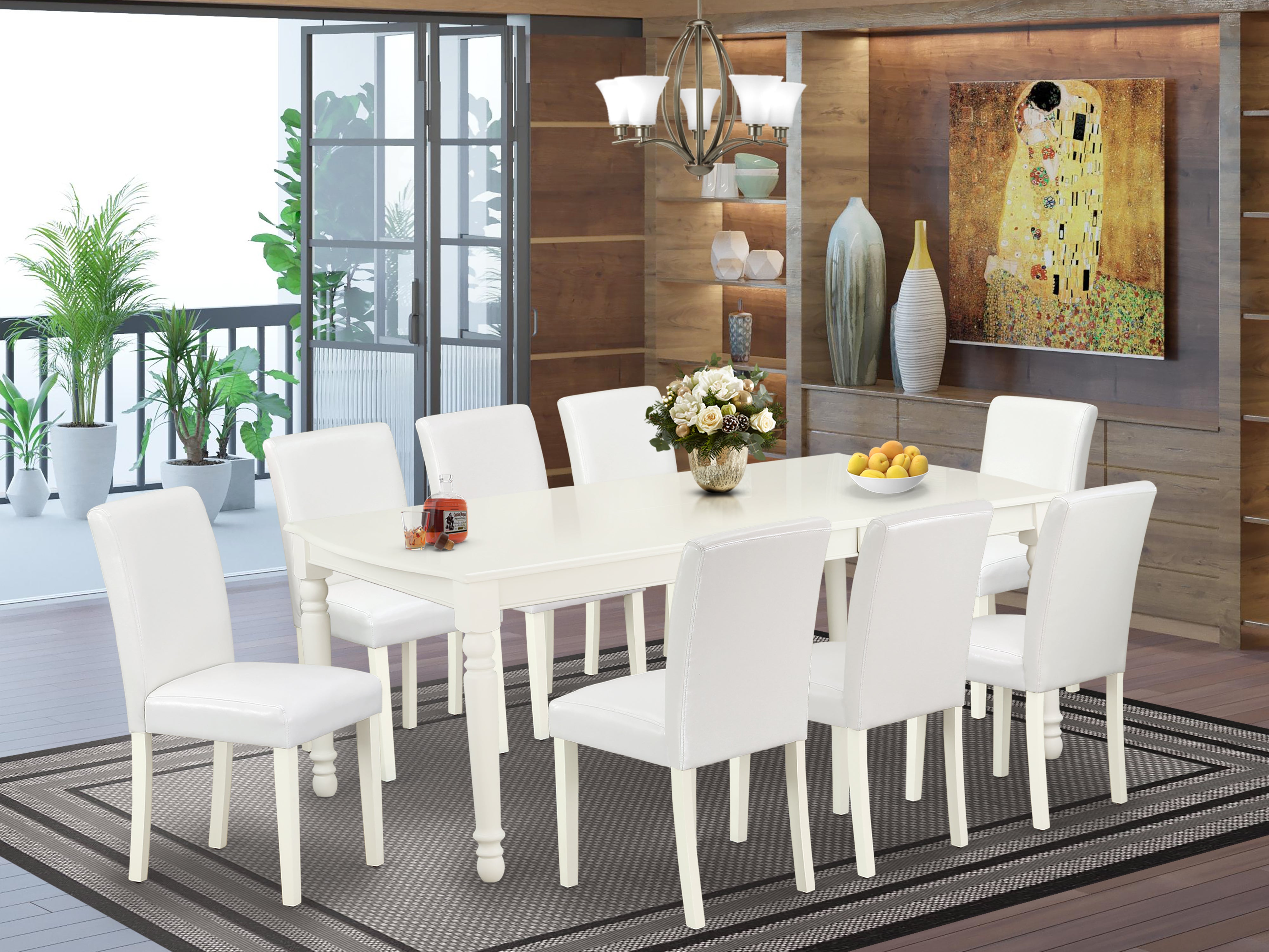 DOAB9-LWH-64 9Pc Rectangle 60/78 Inch Dining Table With 18 In Leaf And 8 Parson Chair With Linen White Leg And Pu Leather Color White