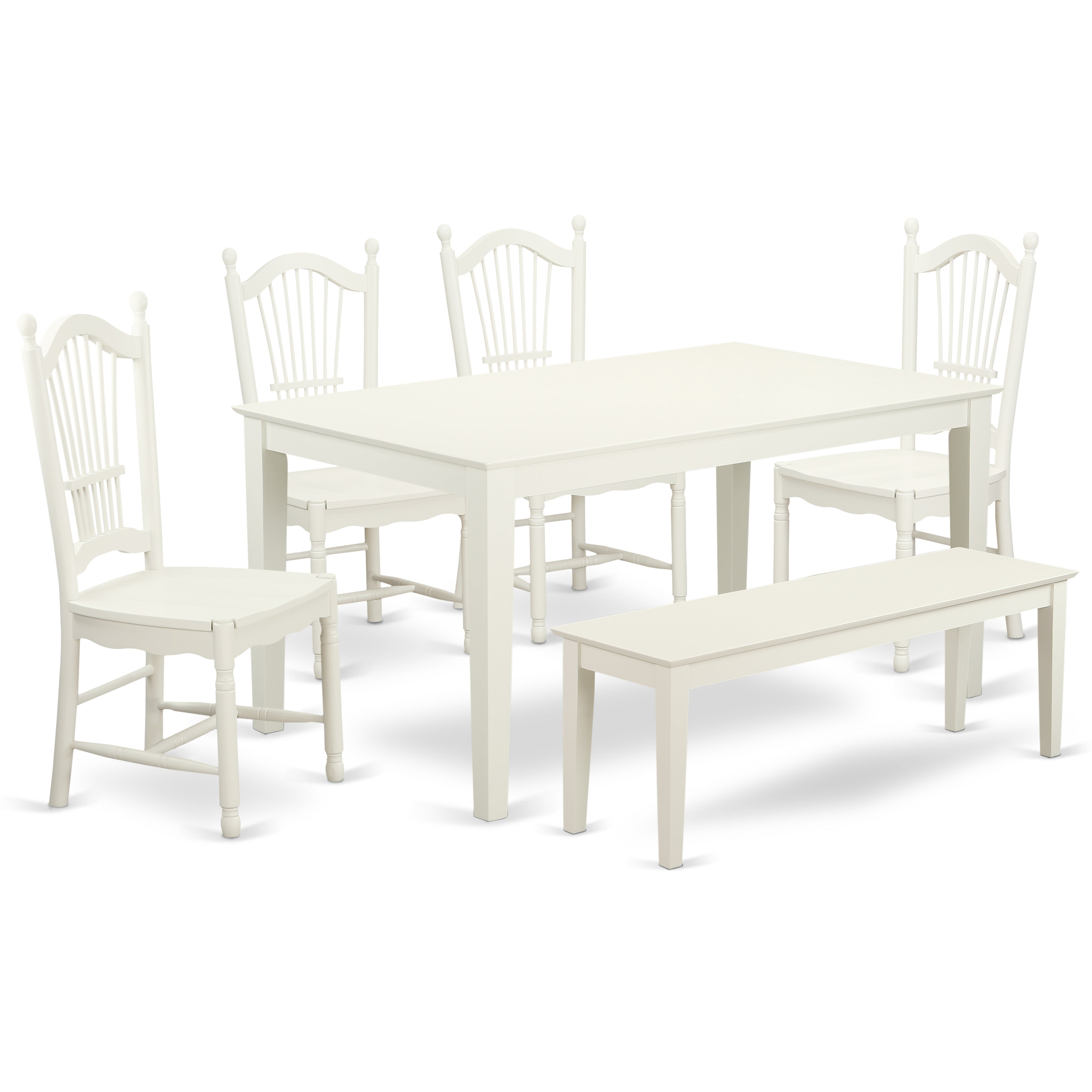 CADO6-LWH-W 6 Piece dining table set for 6-Dining room table and 4 Wood Seat Chairs and 1 Benches in Linen White