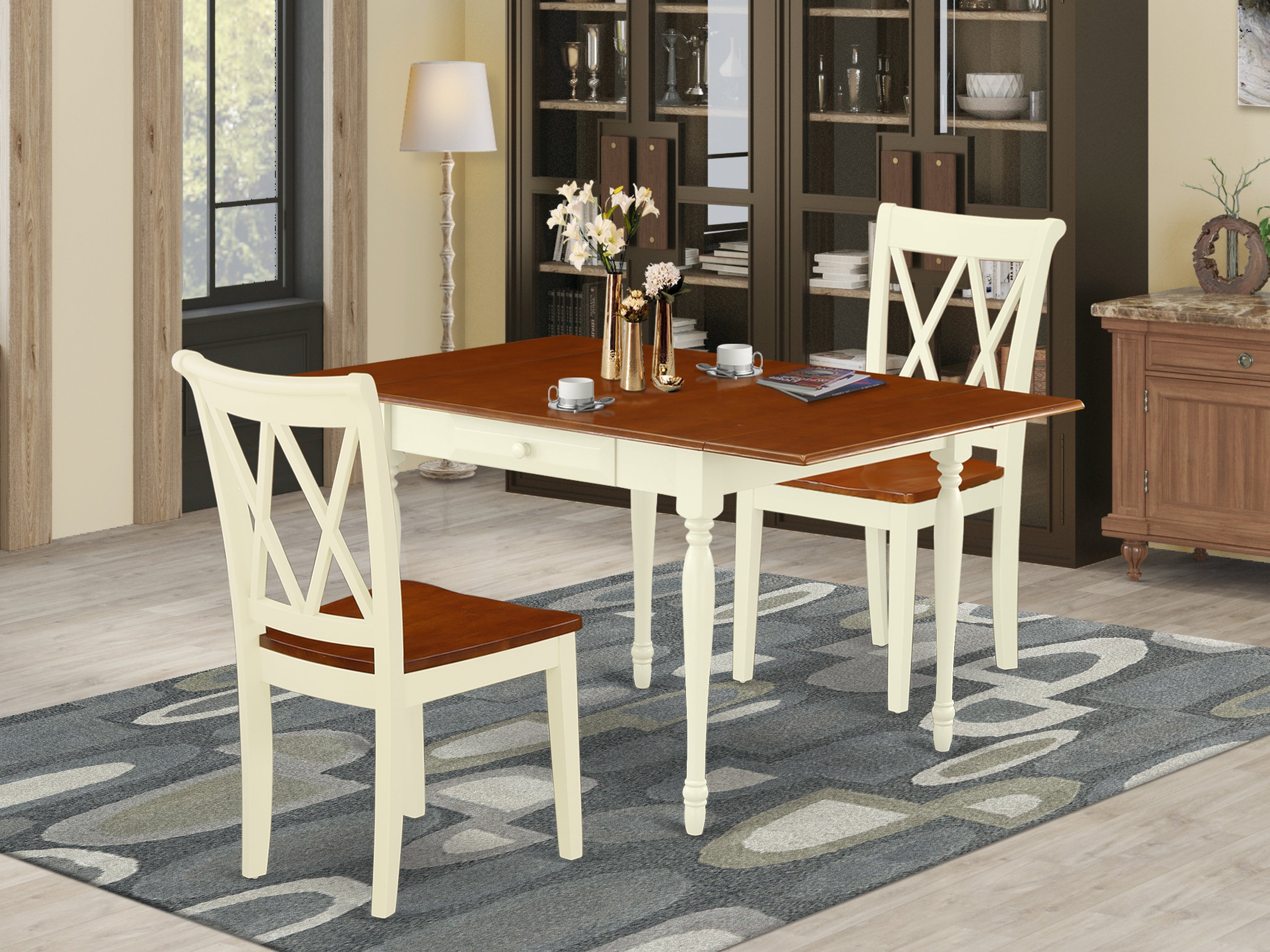 East West Furniture MZCL3-WHI-W 3Pc Dinette Set Offers a Small Dining Table and 2 Wooden Dining Chairs with Wooden Seat, Drop Leaf Table with Double X Back Chairs, Buttermilk and Cherry Finish