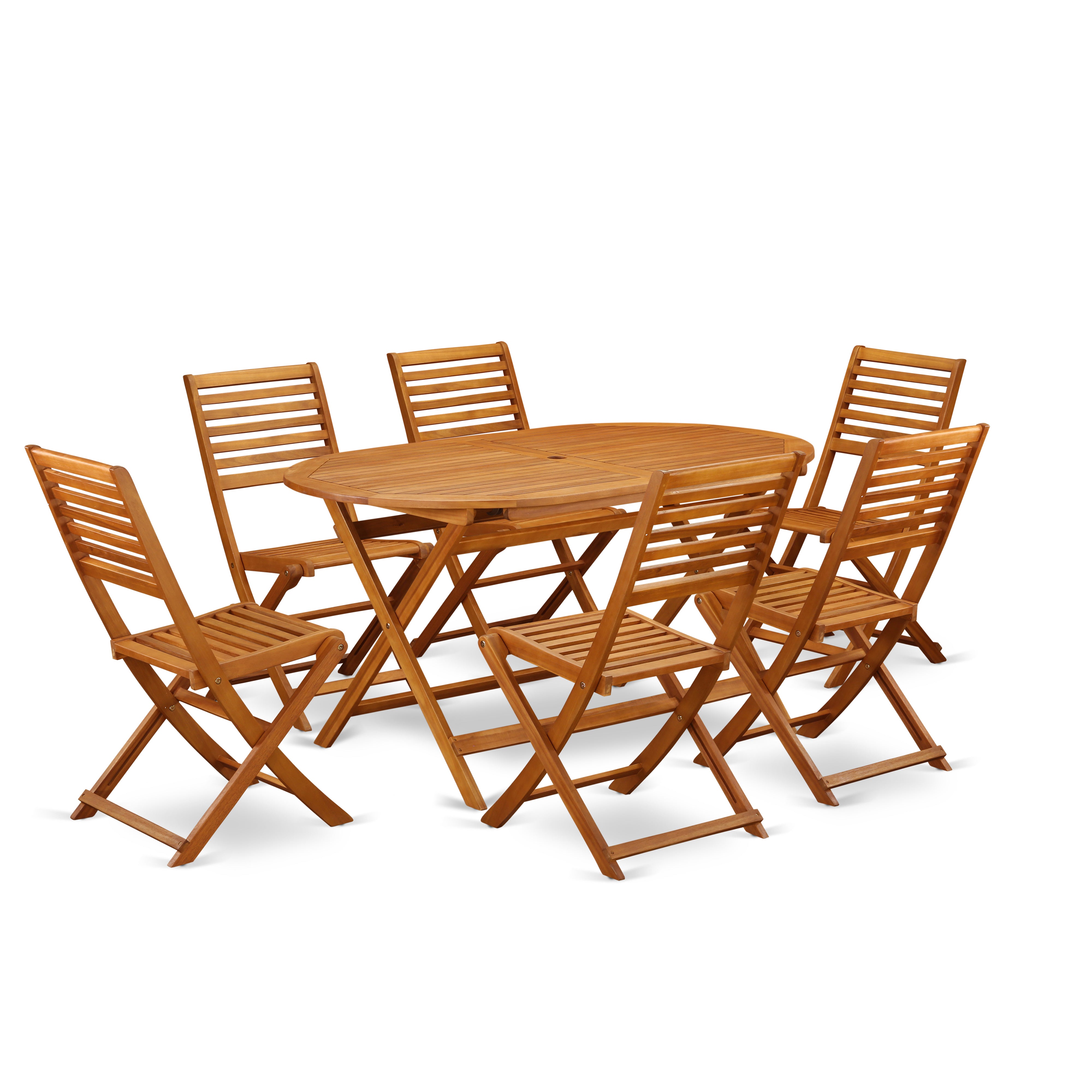 DIBS7CWNA This 7 Pc Acacia Courtyard Dining Sets includes a single Outdoor-Furniture table and 6 foldable chairs