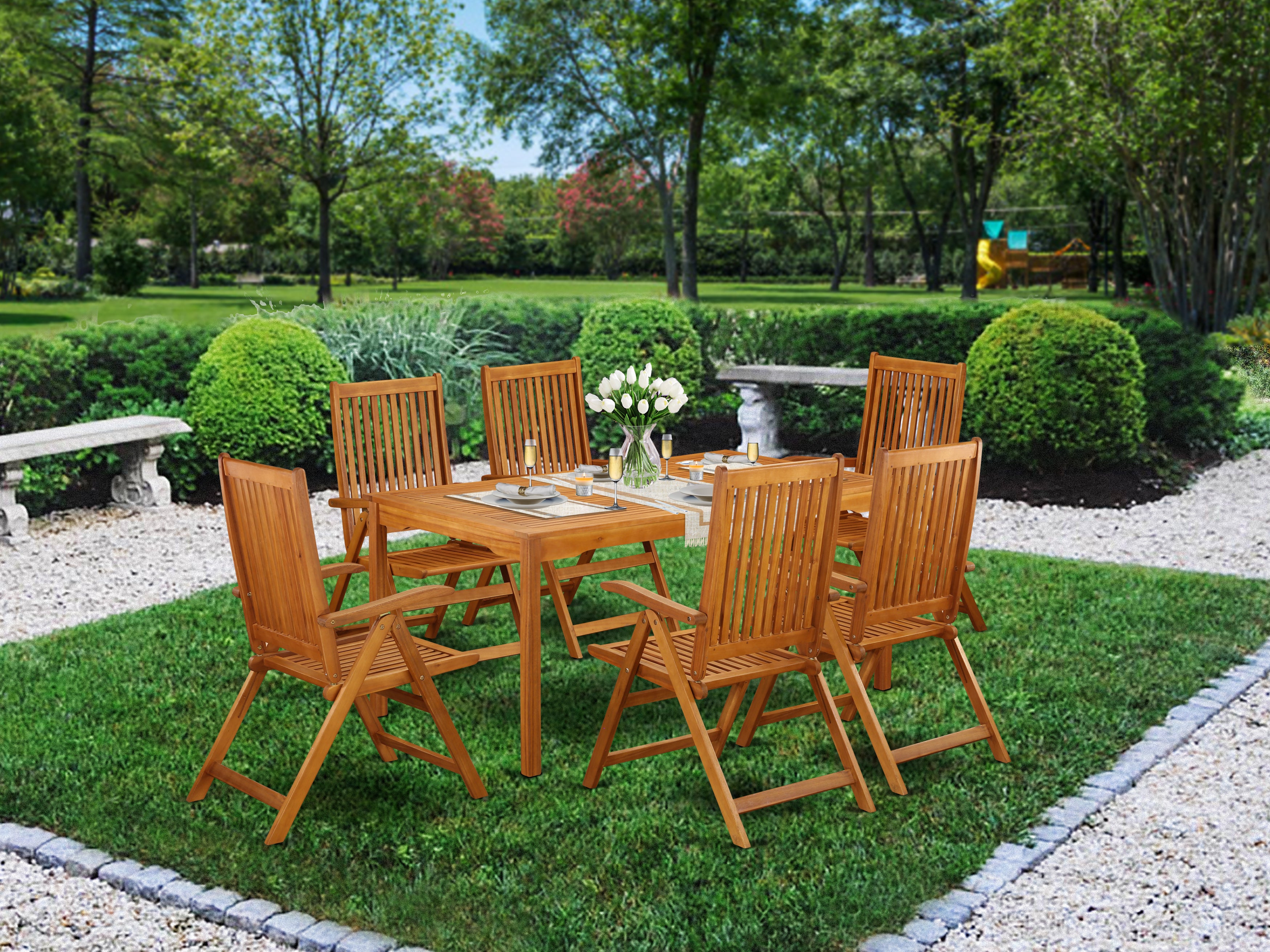 CMCN7NC5N This 7 Piece Acacia Wooden Outdoor-Furniture Dining Sets offers one Outdoor-Furniture table and Six foldable chairs