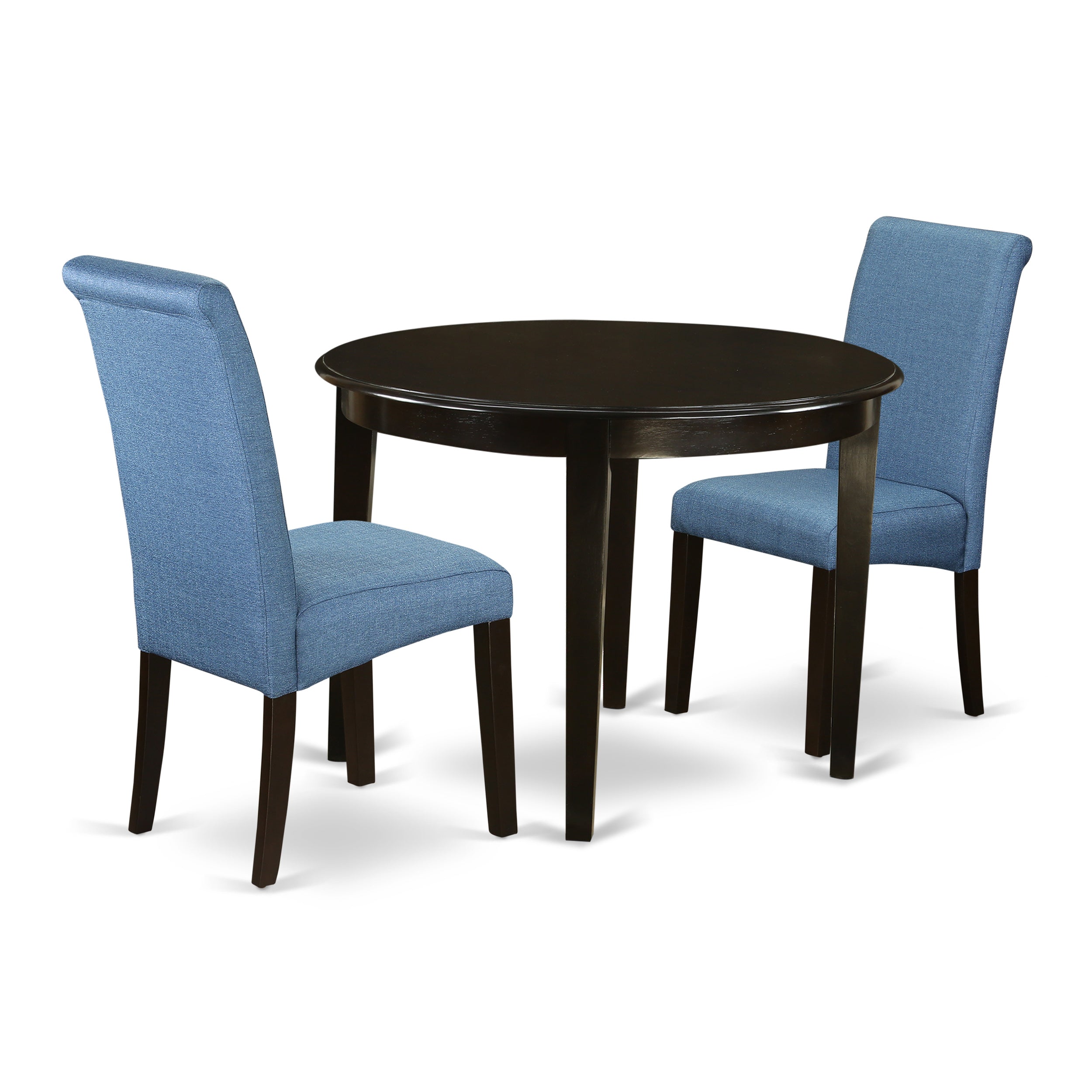 BOBA3-CAP-21 3Pc Small Round table with linen Blue fabric Parson chairs with cappuccino chair legs