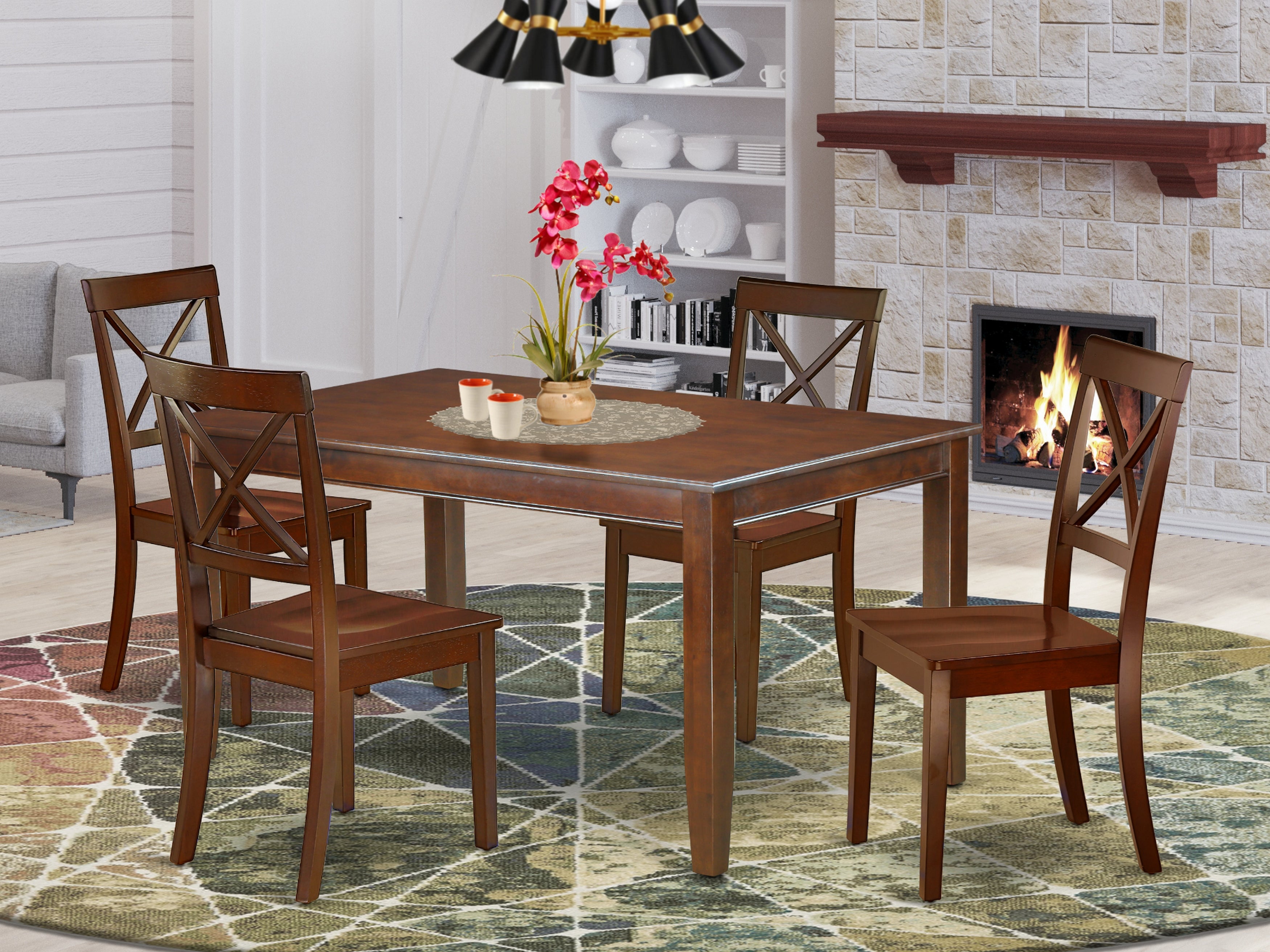 DUBO5-MAH-W 5Pc Rectangular 60 Inch Dinner Table And 4 Wood Seat Dining Chairs