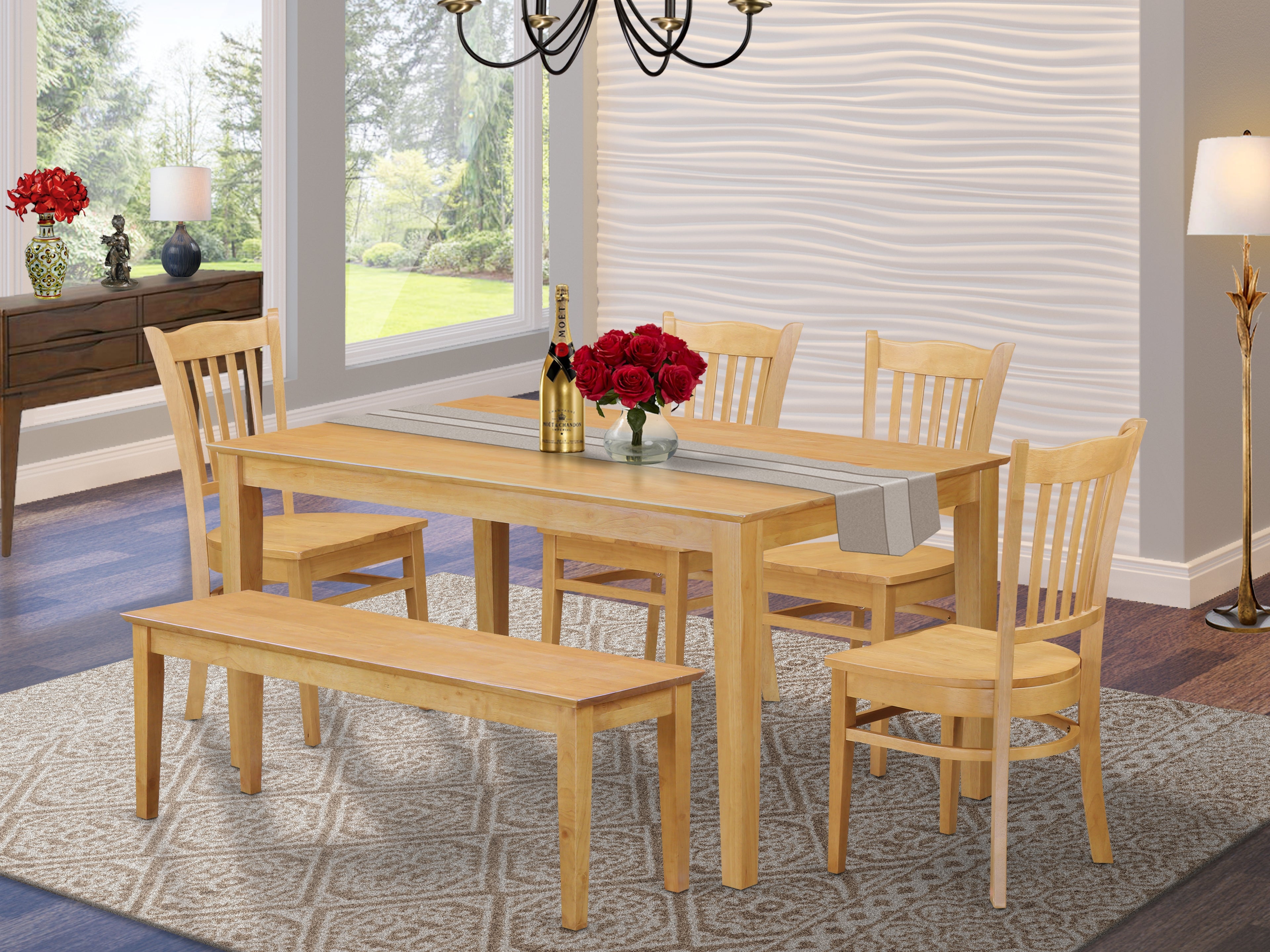 CAGR6-OAK-W 6-Pc Kitchen Table with bench set - Dining Table and 4 Kitchen Chairs and Bench