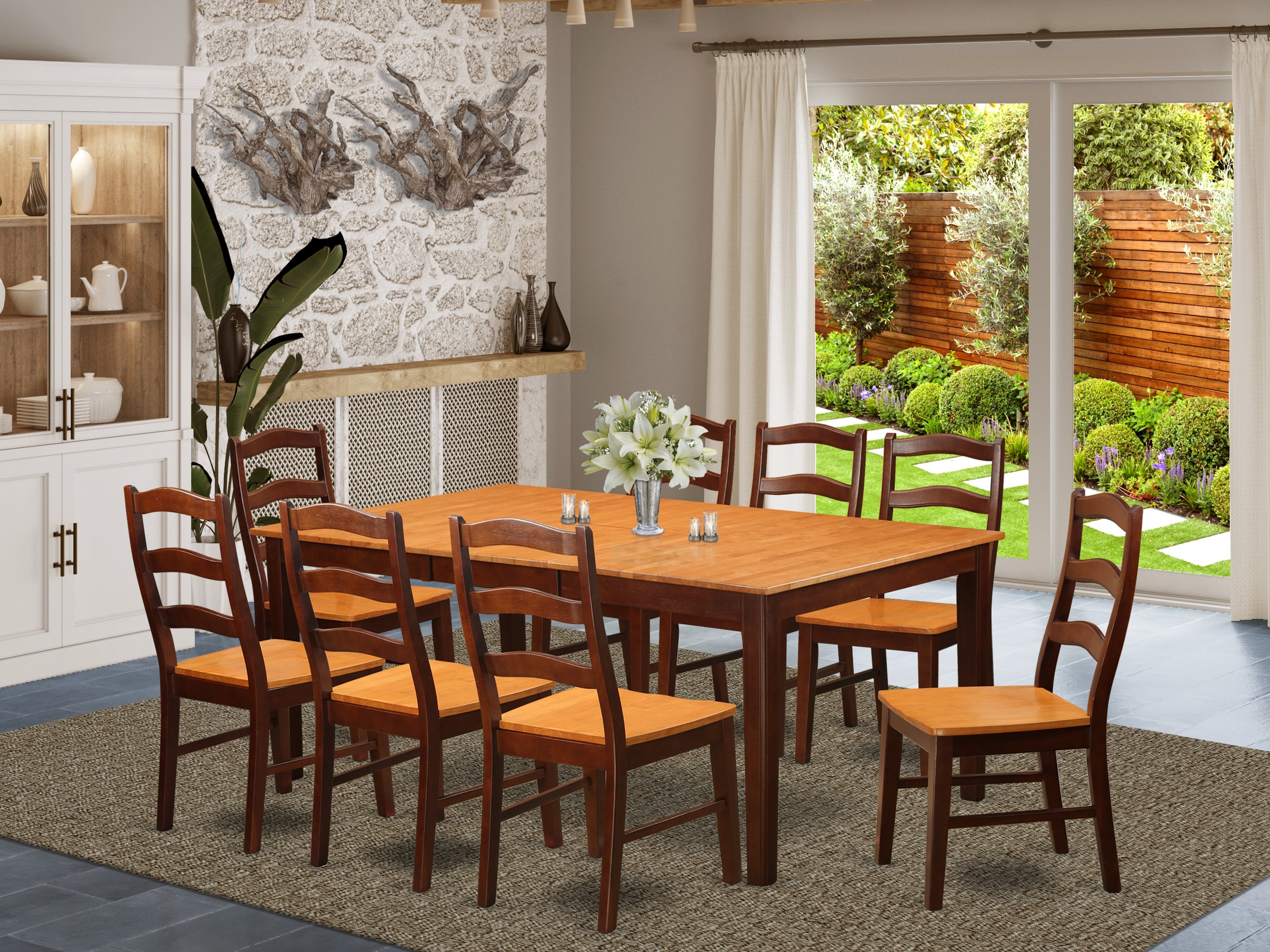 HENL9-BRN-W 9 PC Dining room set for 8-Dining Table with Leaf and 8 Dining Chairs.