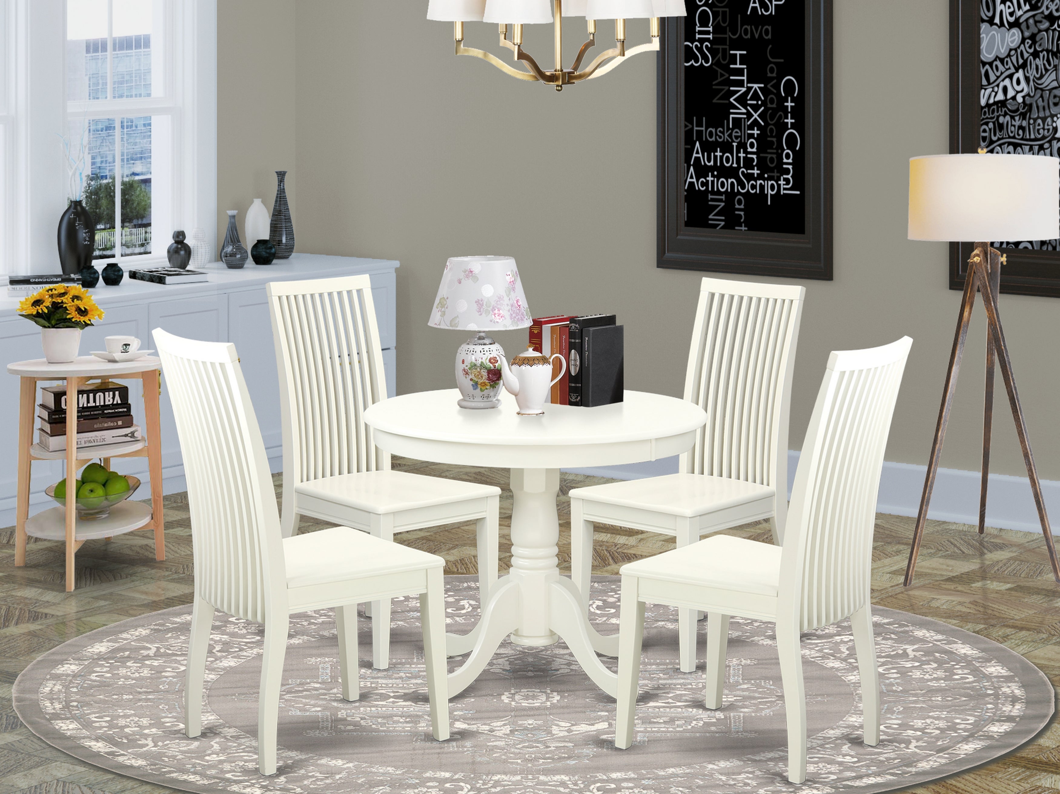 ANIP5-LWH-W 5 Pc Kitchen table set with a Dining Table and 4 Wood Seat Kitchen Chairs in Linen White