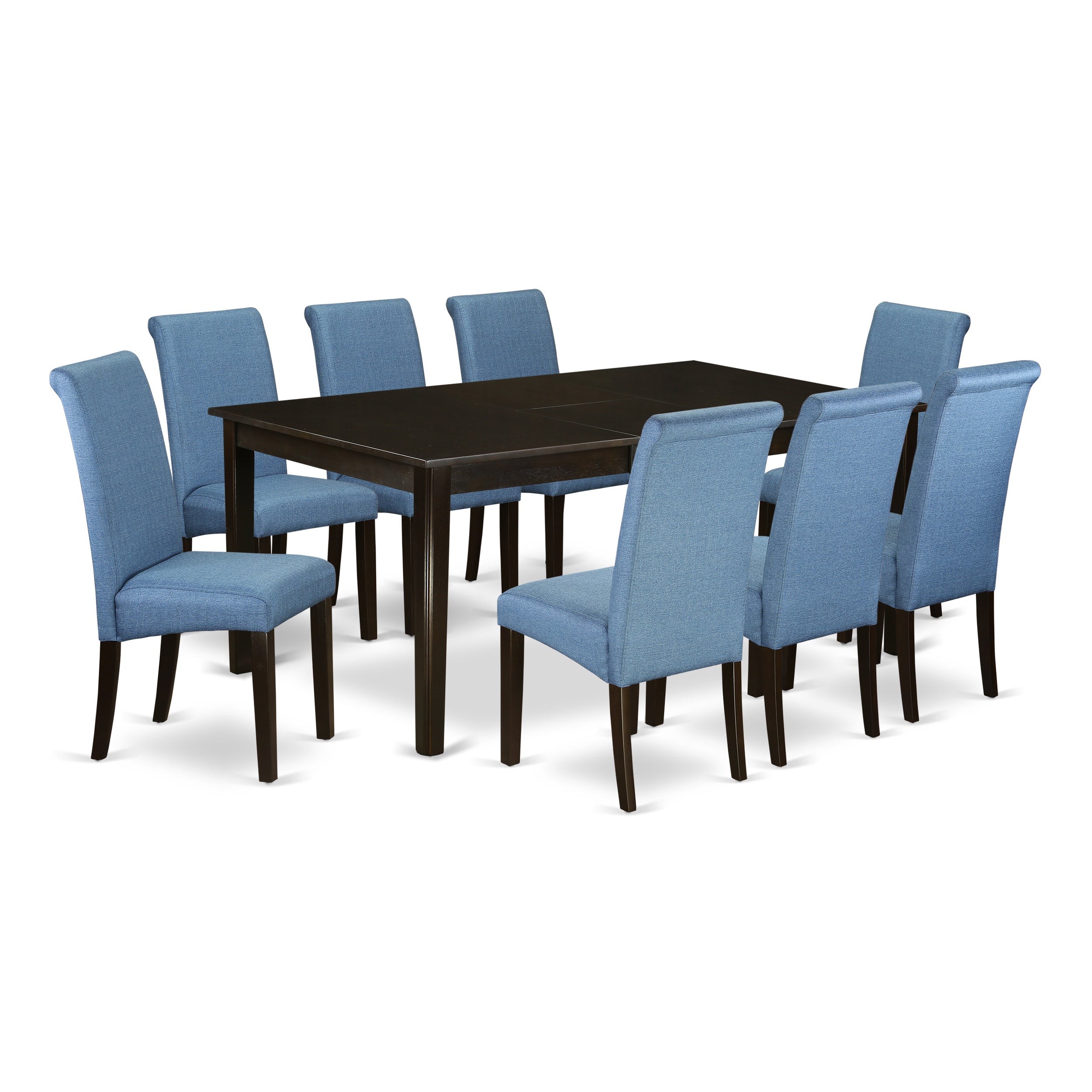 HEBA9-CAP-21 9Pc Dining Room table with linen Blue fabric Parson chairs with cappuccino chair legs