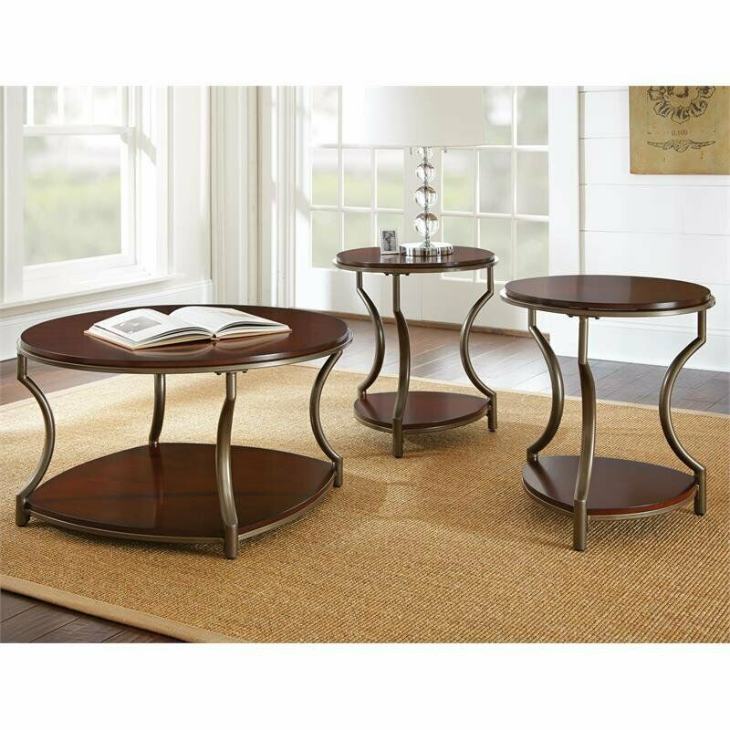 Miles Merlot Cherry Finish Wood and Metal Round Coffee cocktail Table