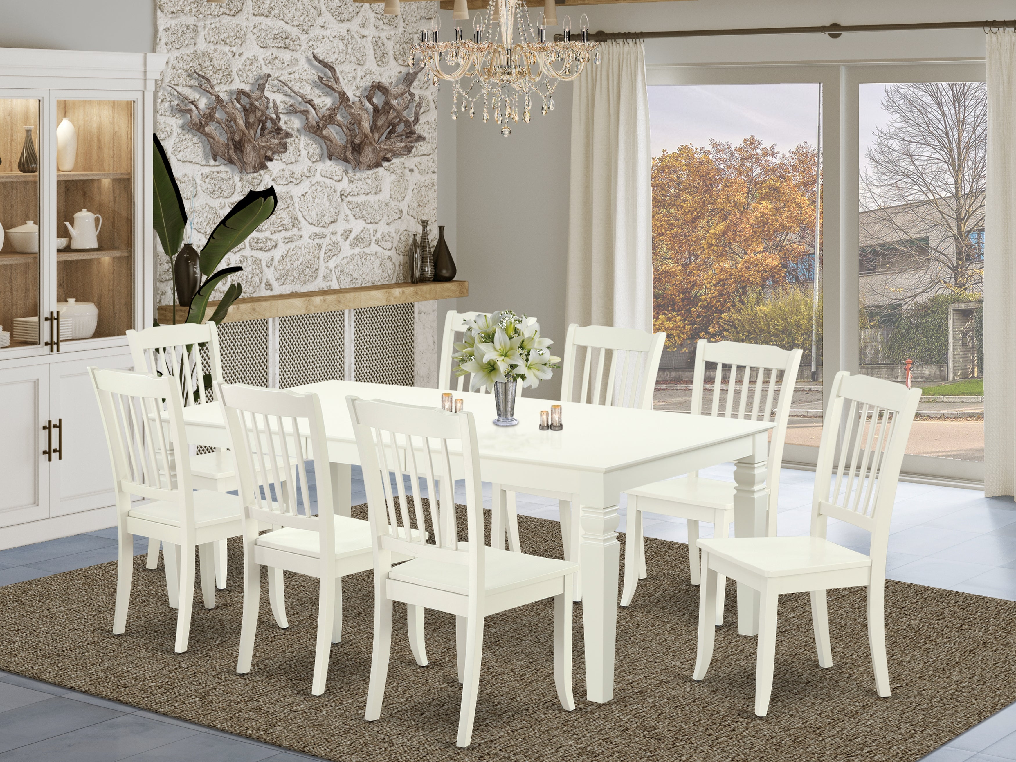 LGDA9-LWH-W 9PC Rectangular 66/84 inch Table with 18 In Leaf and 8 vertical slatted Chairs